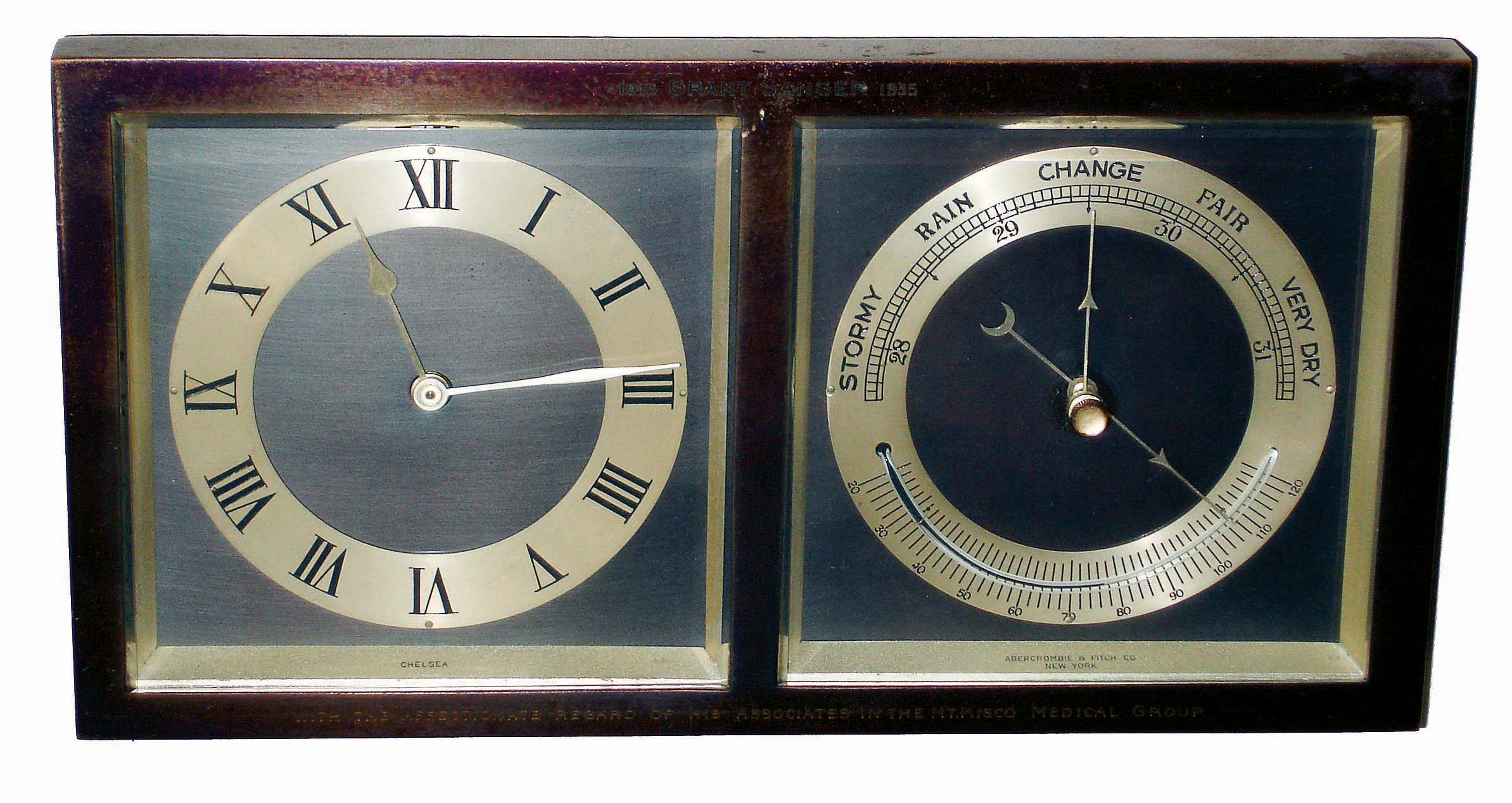 Chelsea Clock Co., Boston, Mass., for Abercrombie & Fitch, New York, NY, "Erickson" bronze, 8 days, clock and barometer/thermometer desk set with rear strut, #599754, 1955 presentation from Mt. Kisco Medical Group. — Antique Clocks Price Guide