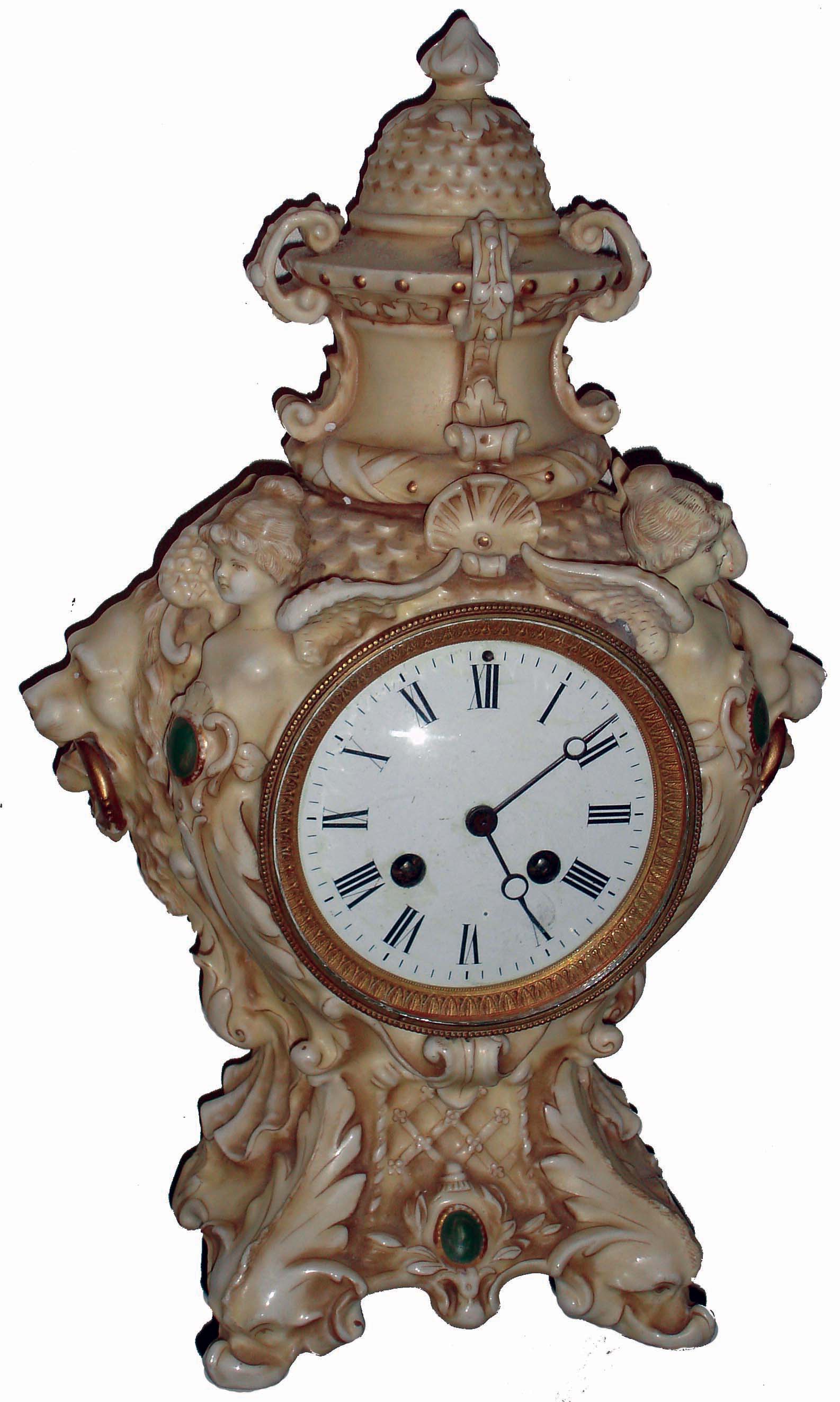 Clocks- 2 (Two): (1) William L. Gilbert Clock Co., Winsted, Conn., "No.410", 8 days, time and strike porcelain mantel clock, c1898; (2) French cast porcelain figural, 8 days, time and strike mantel clock, Japy Freres Medaille d'Honneur bell-striking movement, c1890 — Antique Clocks Price Guide