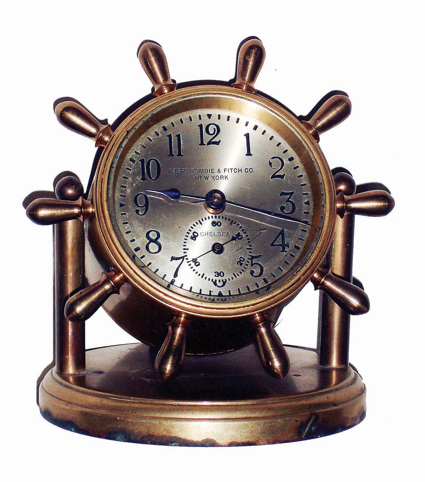 Chelsea Clock Co., Boston, Mass., for Abercrombie & Fitch Co., New York, NY, "Clinton", brass, 8 days, time only swivel head yacht wheel desk clock, 2 3/4" dial, c1930 — Antique Clocks Price Guide