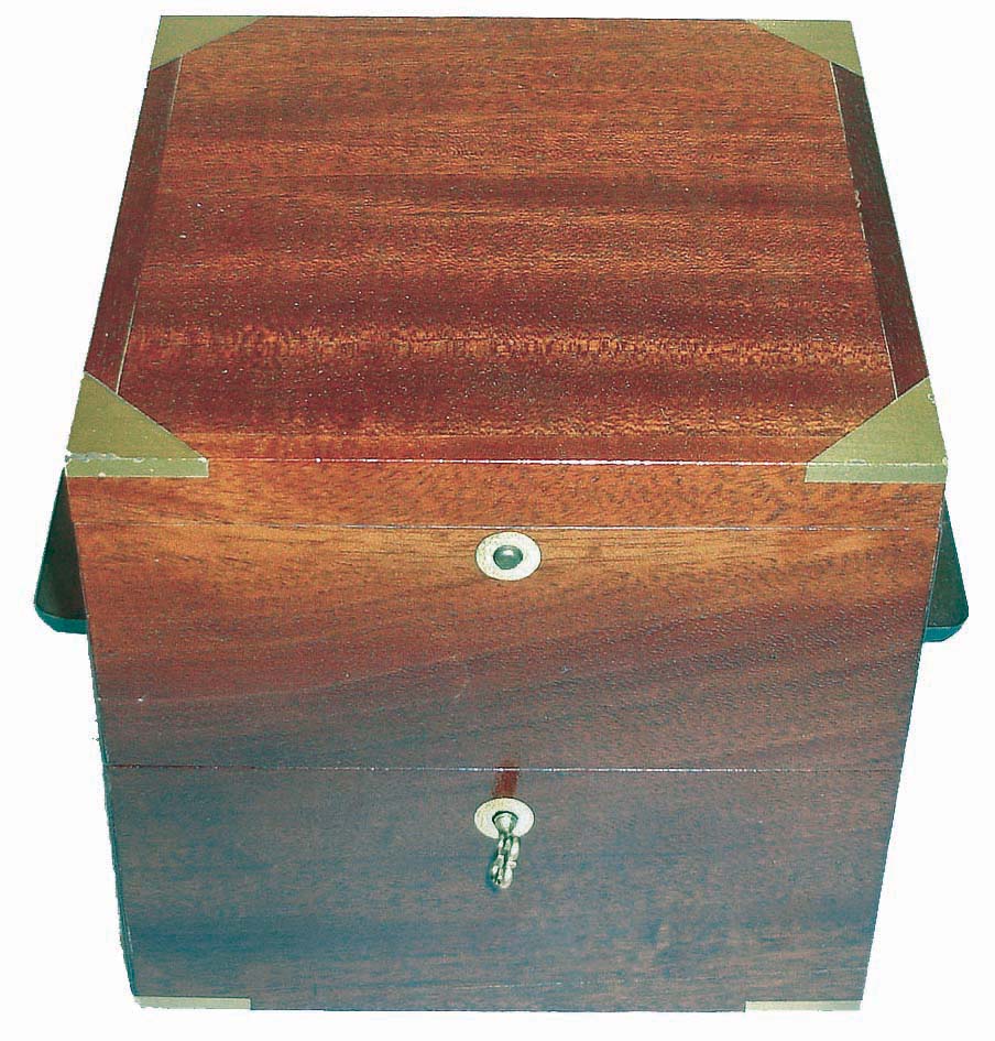 Hamilton Chronometron HF-Quartz CQ 2003, electronic chronometer with high frequency quartz oscillator, brushed Arabic numeral metal dial, black spade hands and seconds hand, brass colored tub in gimbals, all contained in a mahogany box with brass hardware, with papers, c1975 — Antique Clocks Price Guide