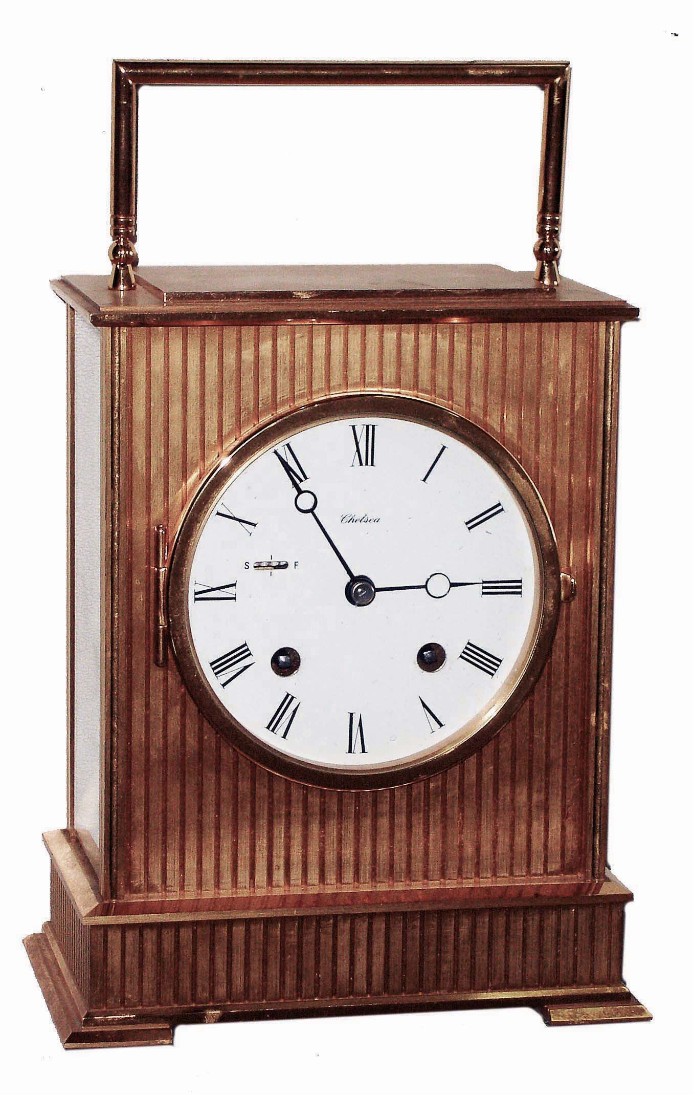 Chelsea Clock Co., Boston, Mass., "Eagle Series" Swiss-case brass, 8 days, time and house strike carriage clock #859472, c1985 — Antique Clocks Price Guide