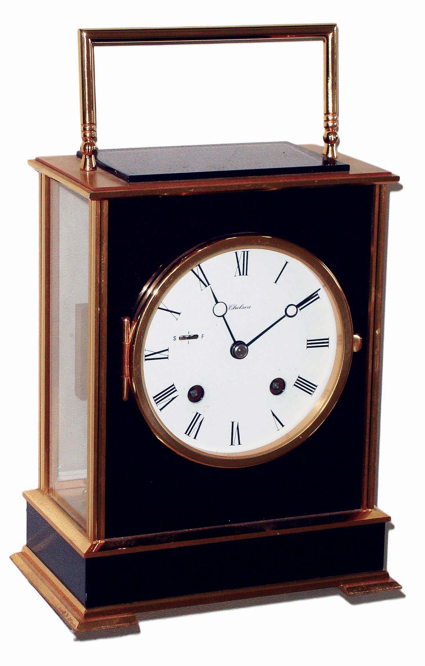 Chelsea Clock Co., Boston, Mass., "Eagle Series" Swiss-case black and lacquered brass, 8 days, time and house strike carriage clock #859405, c1985 — Antique Clocks Price Guide