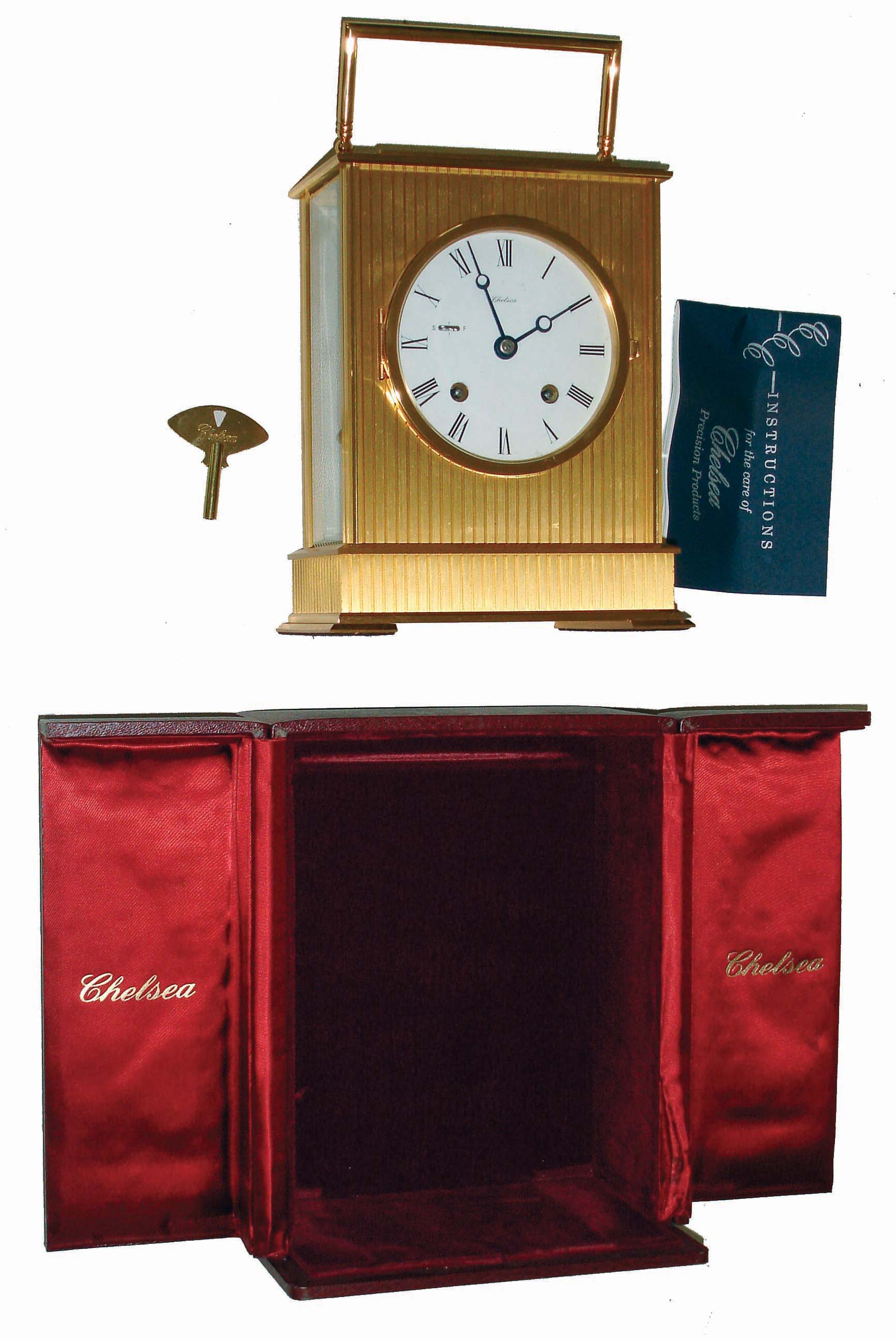 Chelsea Clock Co., Boston, Mass., "Eagle Series", 8 days, house strike in Swiss brass and beveled glass case, with original fitted box, key and manual, #856972, c1985 — Antique Clocks Price Guide