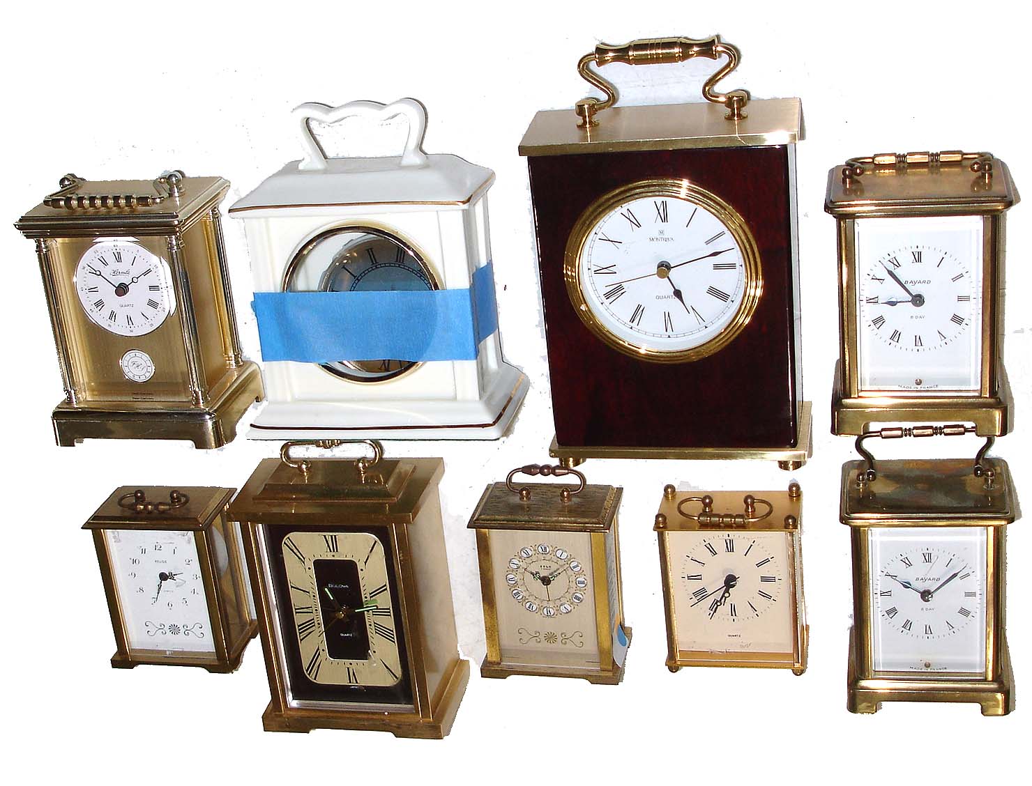 Clocks- 11 (Eleven) modern carriage clocks: including 4 French 8 days, Bayard, Relide and Solo; 7 with quartz movements in brass and glass cases; later 20th century — Antique Clocks Price Guide