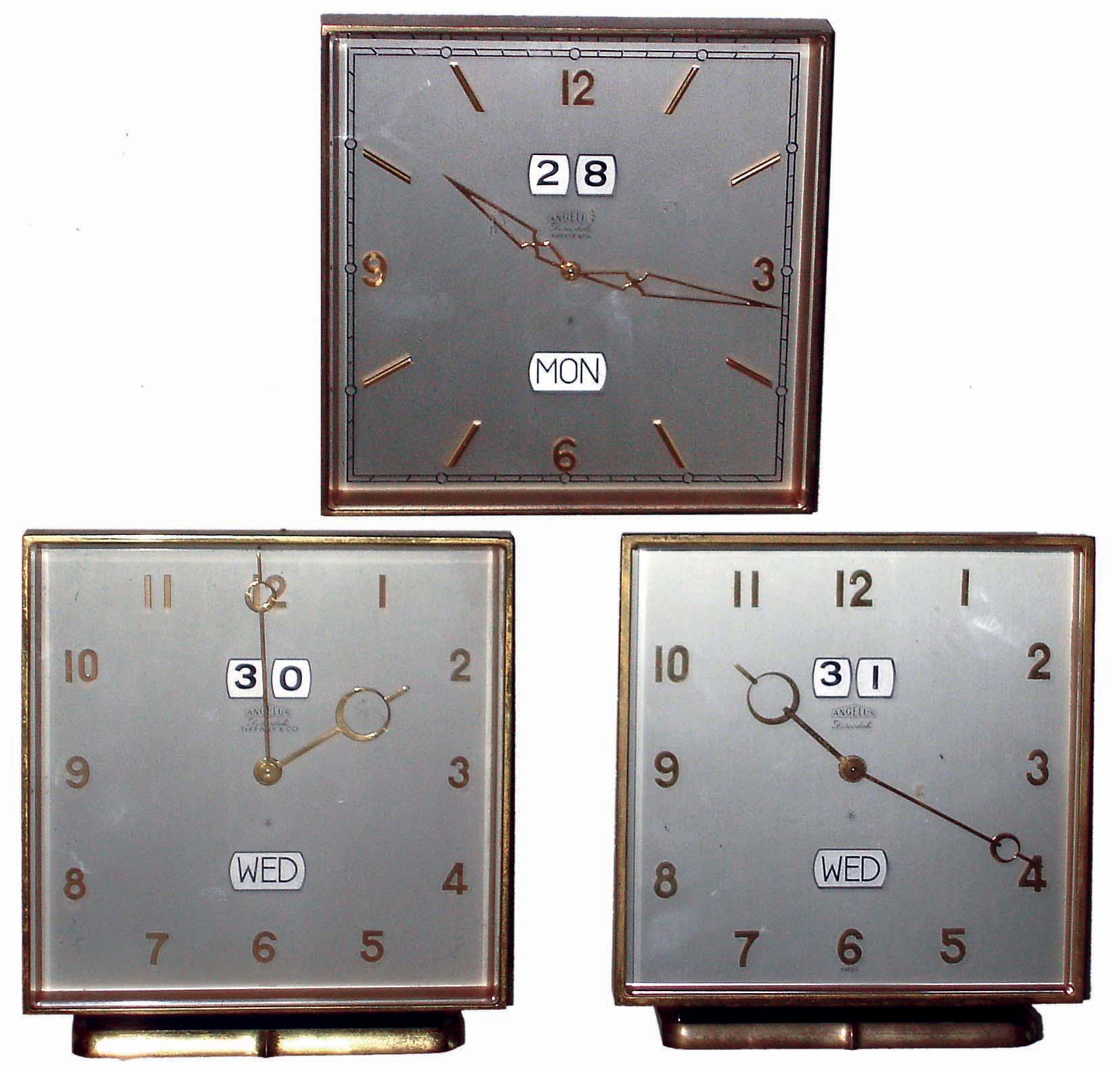 Clocks- 3 (Three) Angelus Swiss "Descodate" brass 15 jewel, 8 days, calendar desk clocks, two signed for Tiffany and Shreve; mid 20th century — Antique Clocks Price Guide