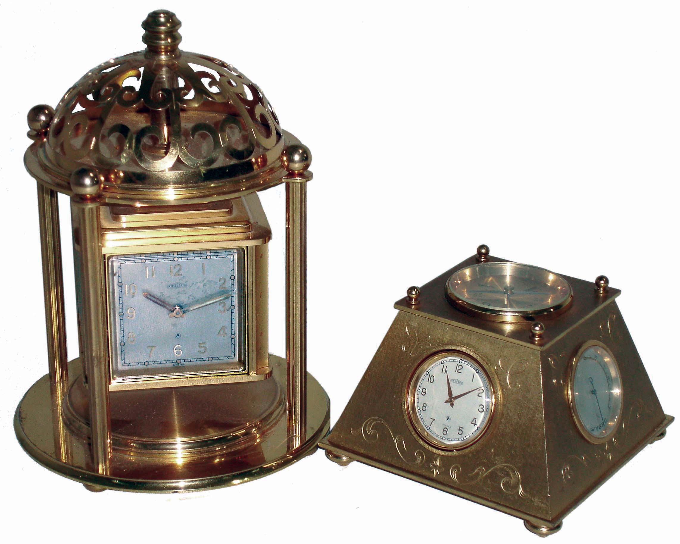 Clocks- 2 (Two) Angelus with weather stations, lacquered brass and beveled glass, 8 days, 15 jewel with thermometer, barometer and hygrometer, one with top compass; mid 20th century — Antique Clocks Price Guide