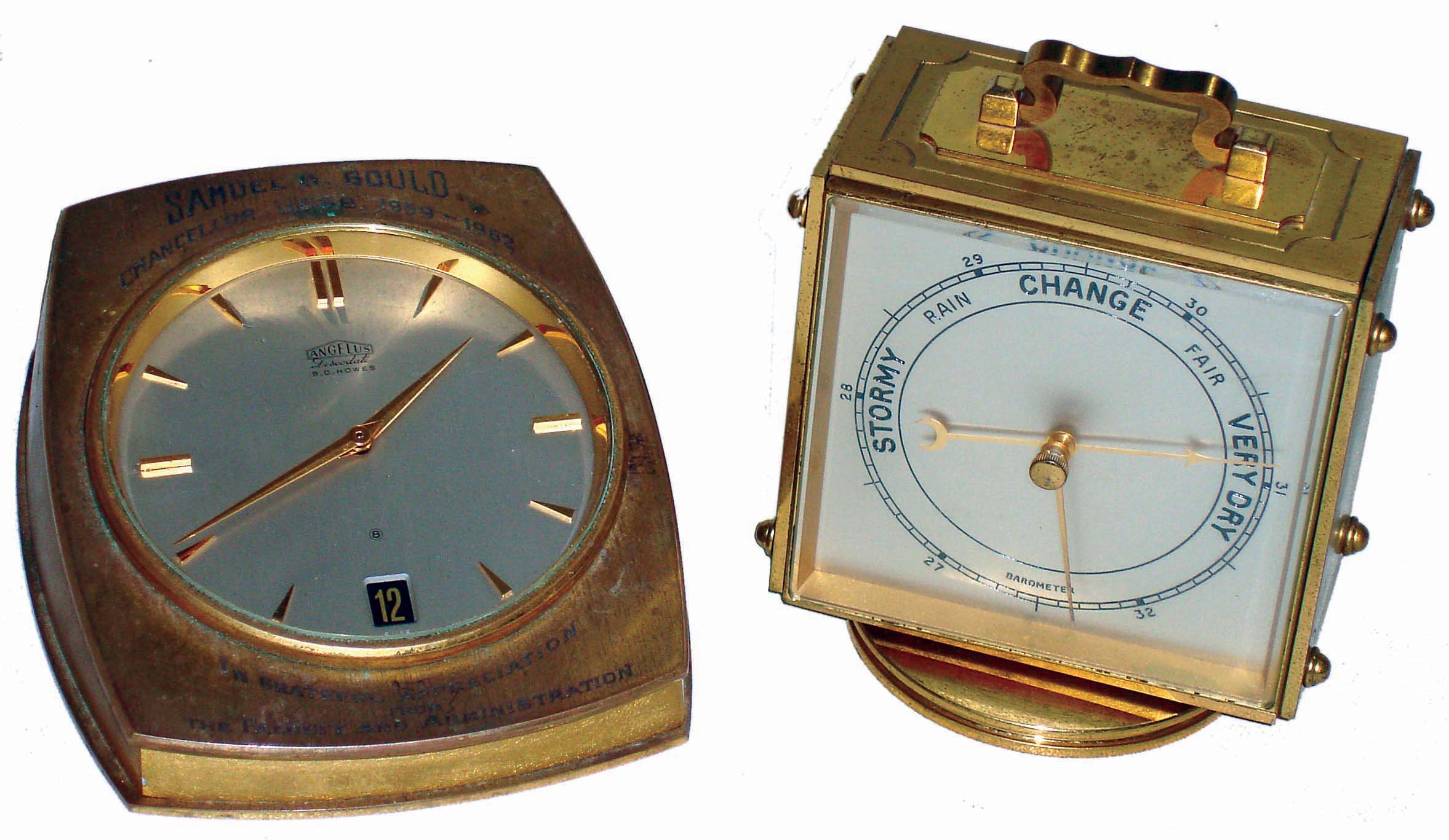 Clocks- 2 (Two) Angelus Swiss, 8 days, 15 jewel brass and glass desk clocks; "Descodate" for B.D. Howes" with 1962 presentation; swiveling model with barometer on opposite side; mid 20th century — Antique Clocks Price Guide