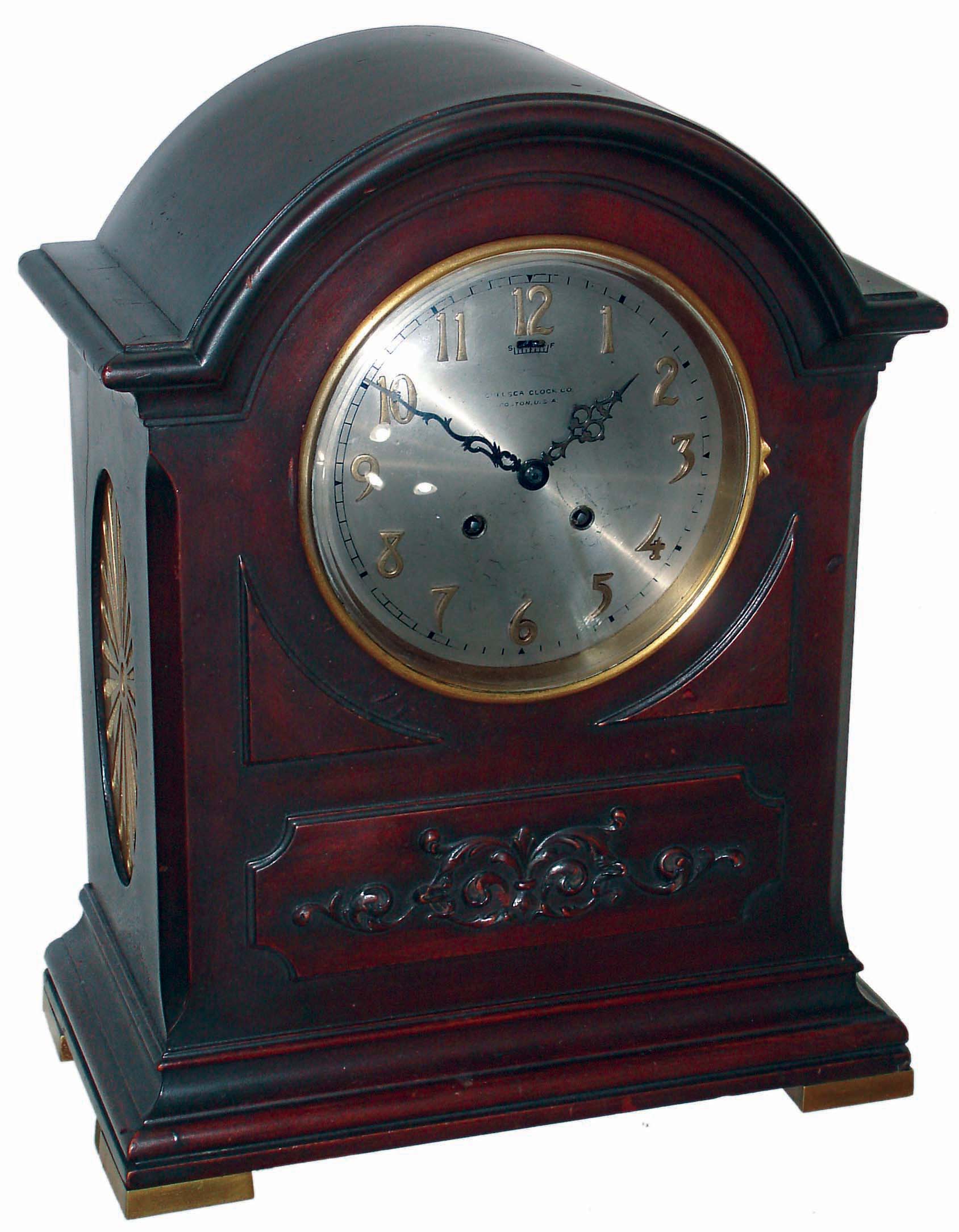 Chelsea Clock Co., Boston, Mass., "Mahogany Dome", 8 days, time and house strike bracket clock, "Grand" dial with applied numbers, #79572, 1911 — Antique Clocks Price Guide