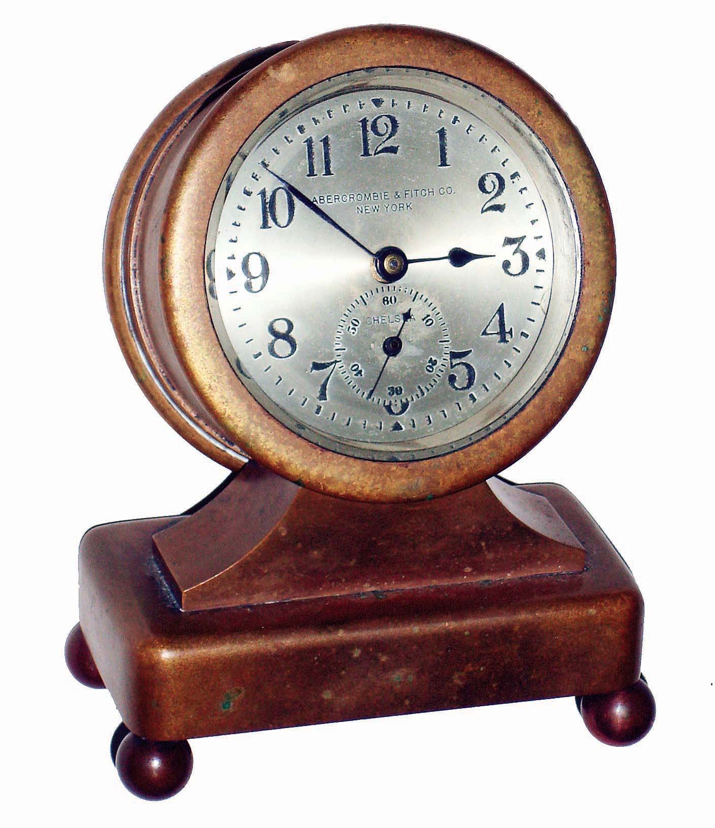 Chelsea Clock Co., Boston, Mass., for Abercrombie & Fitch, New York, NY, "Lexington", offset model 2 3/4" dial, 8 days, time only brass desk clock, #152261, 1922 — Antique Clocks Price Guide