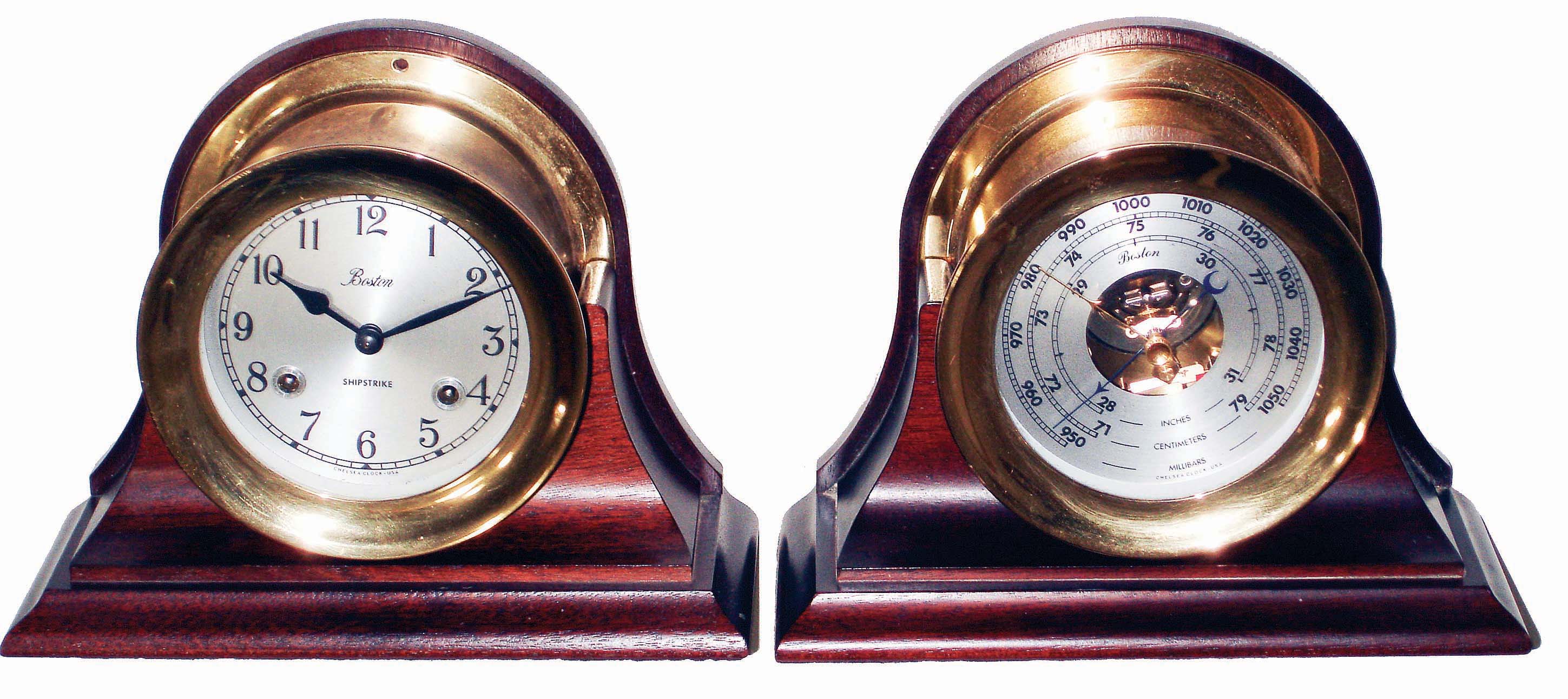 Chelsea Clock Co., Boston, Mass., 4" dials "Boston" ship's strike, 8 days, clock and matching barometer, brass cases with screw bezels, in mahogany cradles; c1990 — Antique Clocks Price Guide