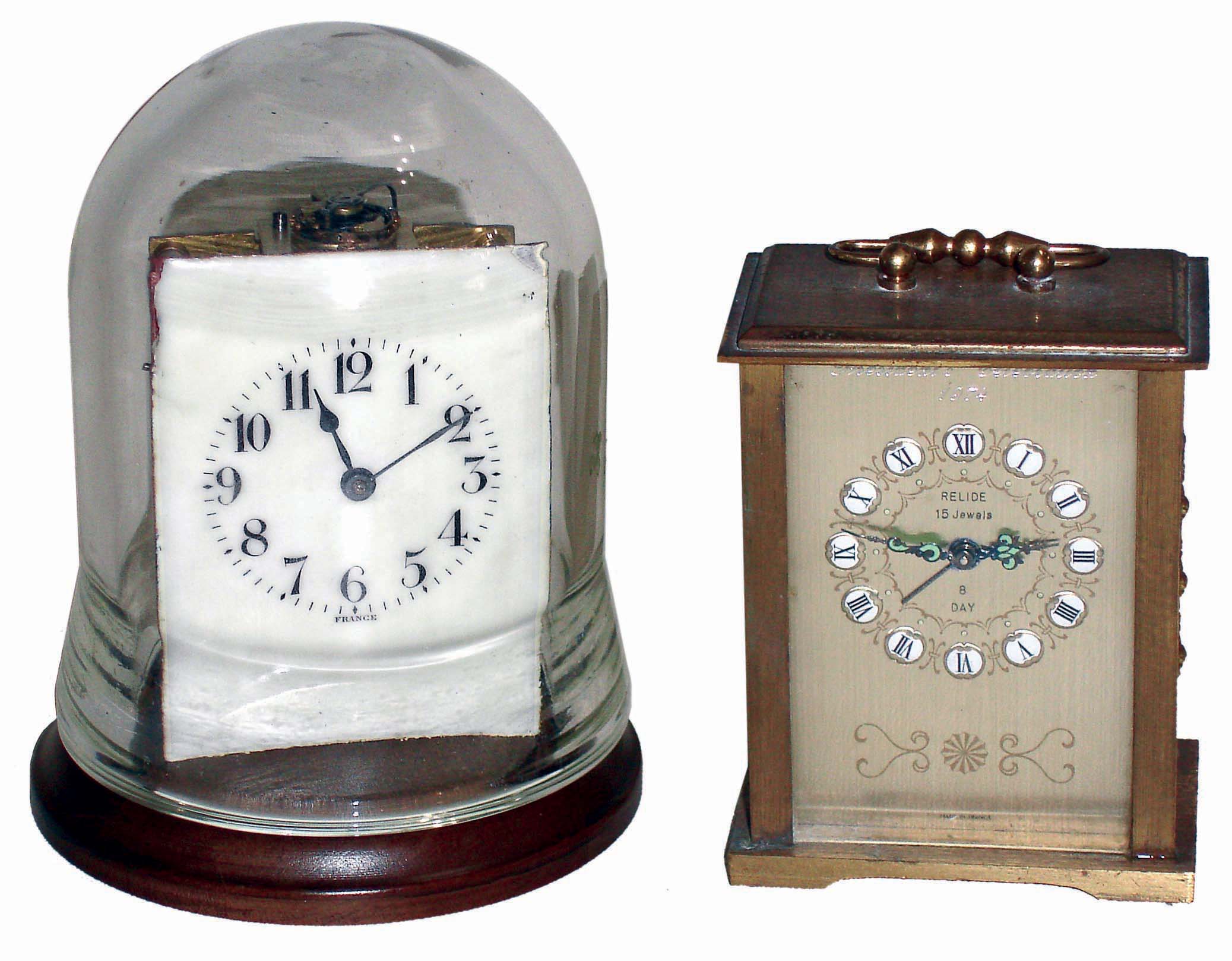 Clocks- 2 (Two) French, 8 days, time only carriage clocks; lever-escapement 11 jewel movement for John Wanamaker, no brass case, now mounted to pocket watch display; Relide 15 jewel with alarm; 20th century — Antique Clocks Price Guide