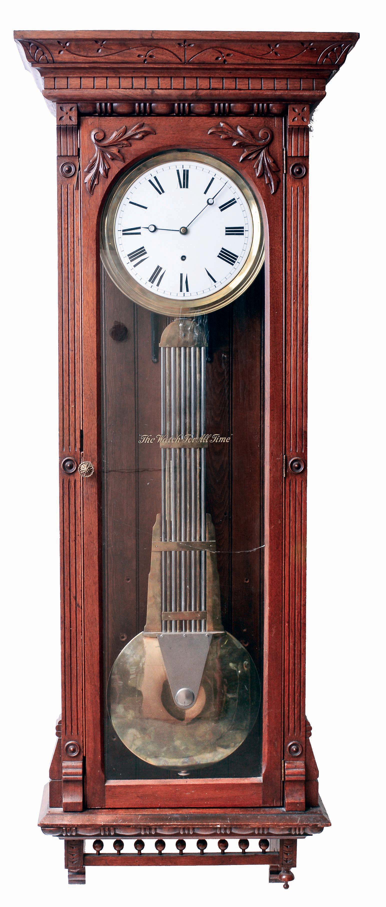 Large Canadian Jeweler's Regulator wall clock, 8 days, time only, weight driven Swiss movement with pinwheel escapement, gridiron pendulum in a walnut case with white enamel dial, c1890 — Antique Clocks Price Guide