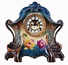 Ansonia Clock Co., New York, NY, "La Layon" Royal Bonn porcelain shelf clock with a visible escapement, 8 days, spring driven, time and half hour strike movement, c1904.