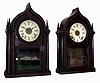 Clocks- 2 (Two): (1) Forestville Manufacturing Co., (J.C. Brown), Forestville, Conn., 8 days, time and strike, spring driven  brass movement ripple molding 4 column OG top Sharp Gothic or "onion top" shelf clock, c1848. (2) No label, but likely Forestville Mfg. Co., 8 days, time, strike and alarm, spring driven brass movement ripple molding 4 column OG top Sharp Gothic or "onion top" shelf clock, c1848.