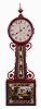 Joshua Wilder, Hingham, Mass., patent timepiece or banjo clock, mahogany case with bullnose molded frames, painted tablets, and four wooden side pieces of unusual form, Roman numeral, white painted iron dial, signed "Warranted by J. Wilder / Hingham", unusual blued steel hands, 8 days, weight driven timepiece movement, weight baffle with watch paper of J. Wilder, c1830