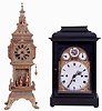 Clocks- 2 (Two): The first an Austrian 3 train bracket clock, probably 2 day, in ebonized wooden case, composite, engraved brass and enamel dial, engraved brass quarter striking movement with verge escapement, c1800, and a French architectural mantel clock, gilt case, Roman numeral dial, 8 days time and strike movement, c1880