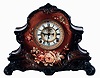 Ansonia Clock Co., New York, NY, "La Nord", 8 days, time and strike, spring driven brass movement Royal Bonn porcelain case mantel clock with visible escapement, c1904