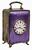Travel Clock, sterling silver case with purple faux enamel front, case with Birmingham hallmark and date letter for the year 1916, Roman numeral white enamel dial, blued steel hands, 8 days timepiece movement