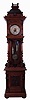 RSM, Germany, open well tall clock, 8 days, time and strike, brass weight driven movement in a well carved walnut case with columns supporting hood, bun feet, matching pendulum and weight decoration, silvered brass dial, c1910