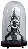 Reproduction skeleton clock, Chinese, brass framed chain fusee movement with large wheels, recoil escapement, Roman numeral white enamel dial, pierced steel hands, on a wooden base with brass feet, and under a glass dome, c.2000