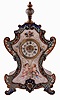 France, bedside clock, brass case with champleve enamel trimmed front framing a painting on porcelain featuring symbols of love, and two putti at the base, one with a jewelry box, and the other with mirror, Roman numeral white enamel dial with champleve center, Louis XV hands, 8 day timepiece with cylinder platform, c1900