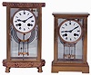 Clocks- 2 (Two):(1) French, 8 days, time and strike, spring driven brass movement crystal regulator mantel clock. (2) French, H&H (probably for Harris & Harrington), 8 days, time and strike, spring driven brass movement crystal regulator mantel clock, both c1900.
