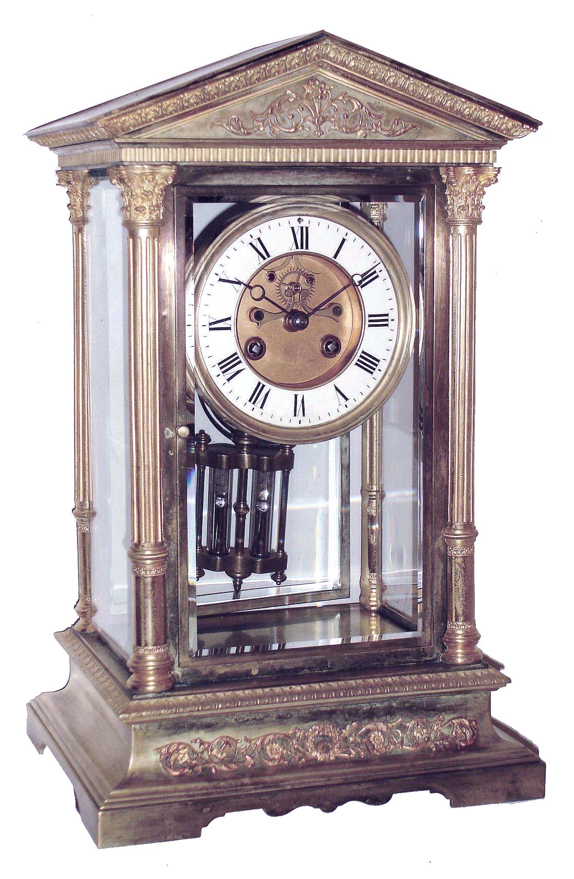 French large 8 days, time and strike, brass and beveled glass crystal regulator, visible escapement, Marti movement also stamped Tiffany & Compy., c1900 — Antique Clocks Price Guide