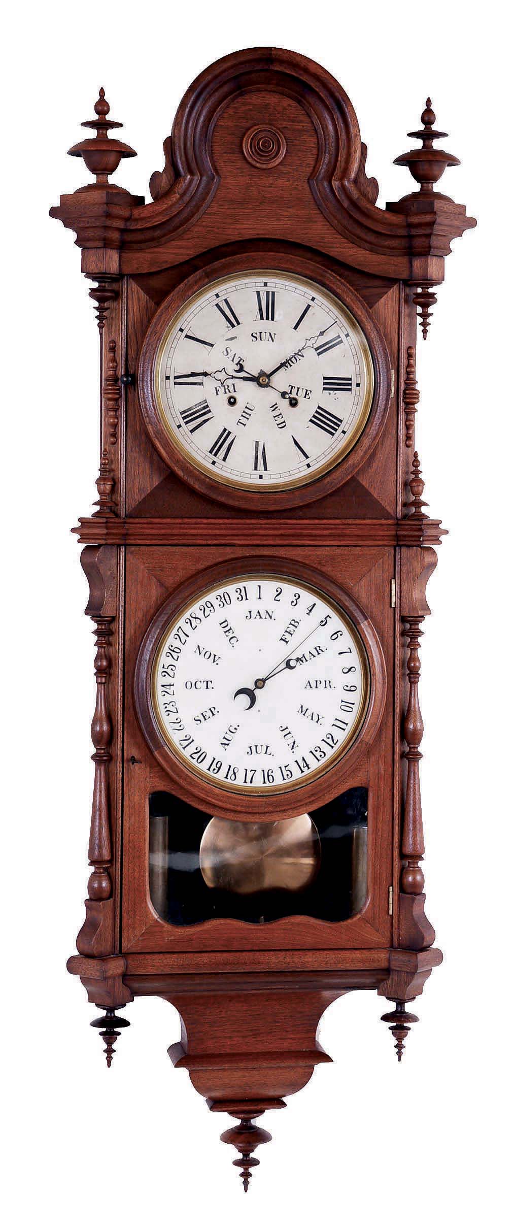 Welch, Spring, & Co., Bristol, Conn., "Regulator No. 3 B.W.", wall clock, 8 days, time with B. B. Lewis perpetual calendar, two brass weight driven movement in a black walnut case with painted metal dials — Antique Clocks Price Guide
