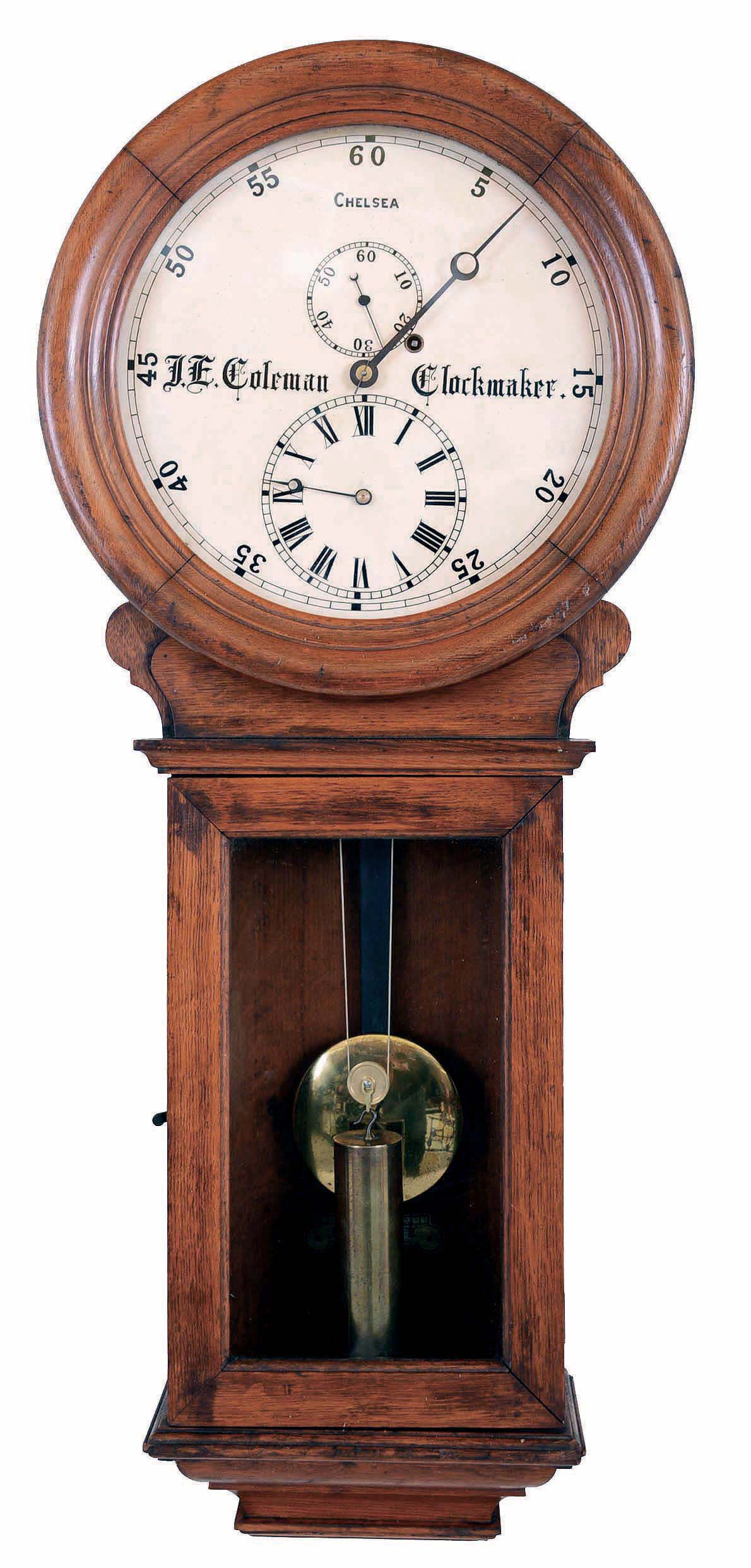 Chelsea Clock Co., Boston, Mass., "Regulator No. 3", wall clock, 8 days, time only, brass weight driven movement converted to astronomical in an oak case with a, painted metal dial — Antique Clocks Price Guide