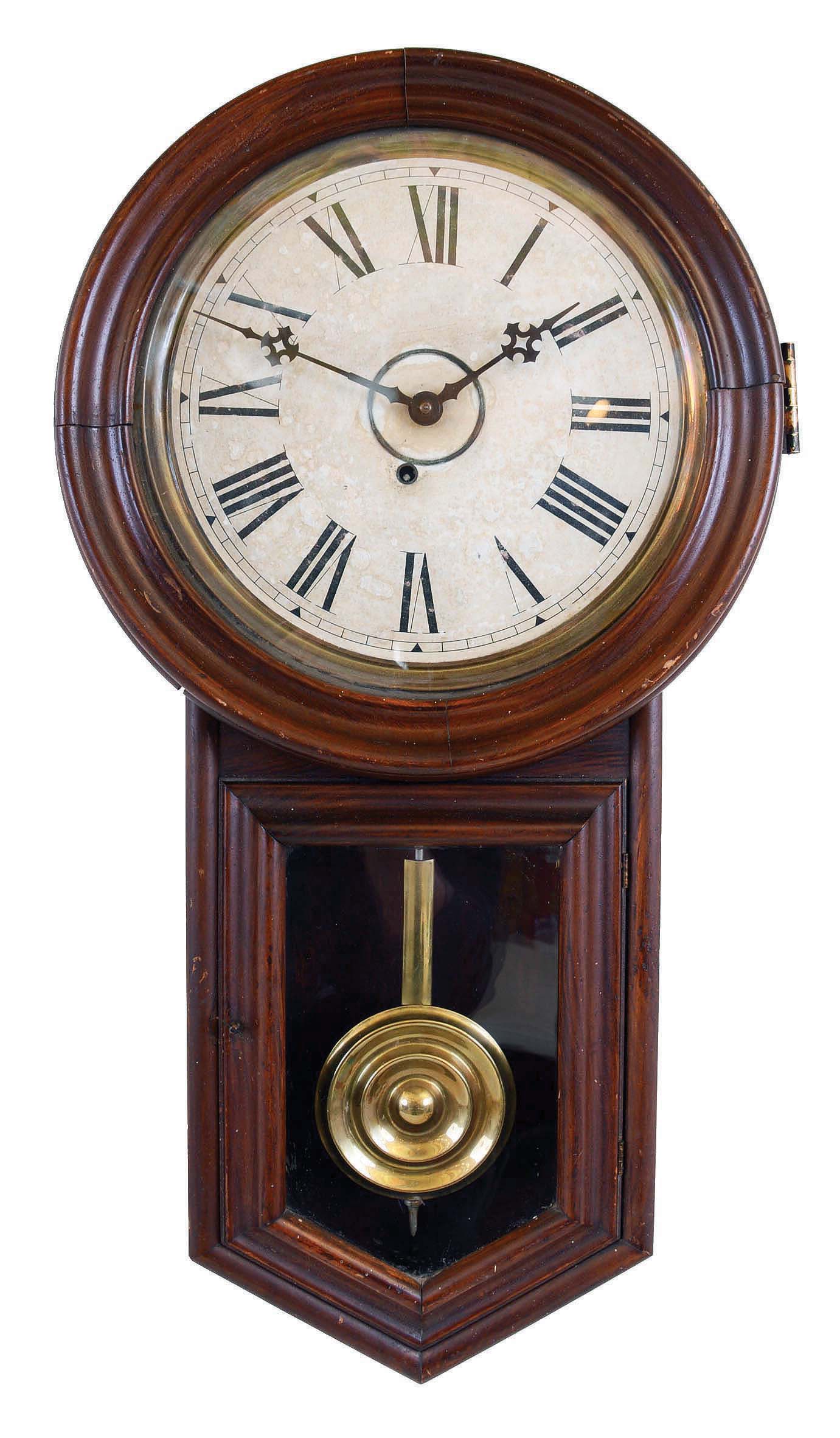 Clocks- 2 (Two): (1) E. Ingraham & Co., Bristol, Conn., "Bristol", 8 days, spring brass movement wall timepiece. c1891 (2) Seth Thomas Clock Co., Thomaston, Conn., "Globe", 8 days, spring brass movement wall timepiece. c1915 — Antique Clocks Price Guide