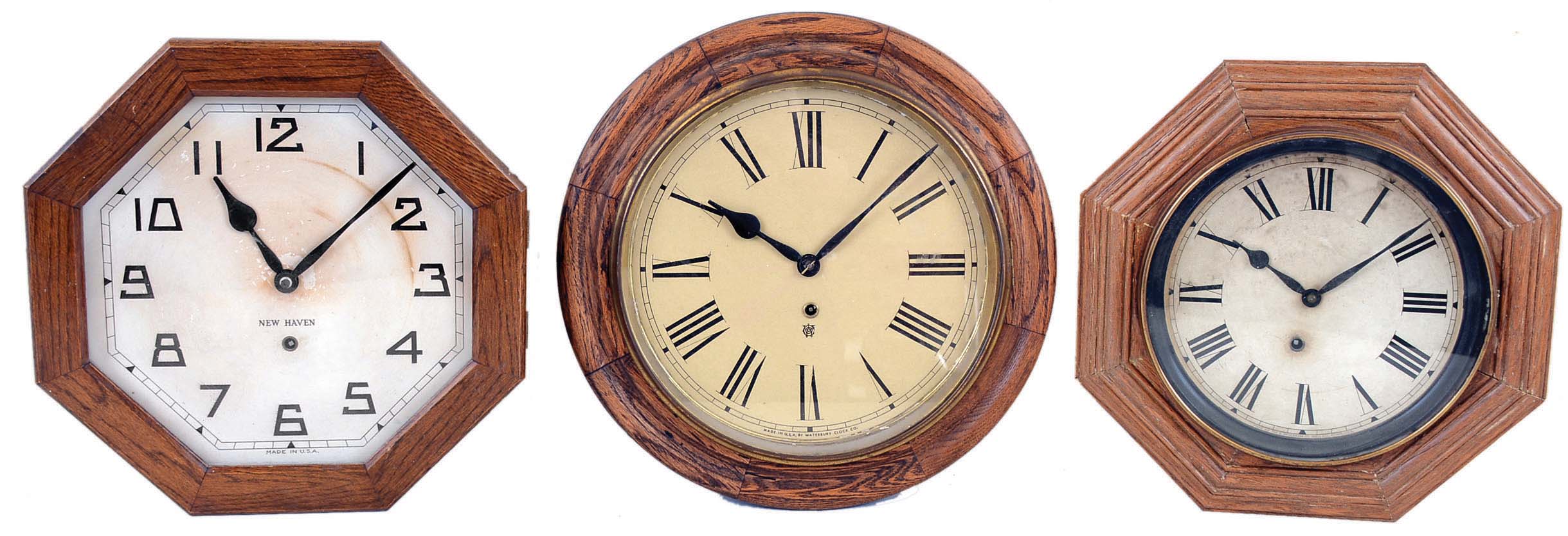 Clocks- 3 (Three): (1) Waterbury Clock Co., Waterbury, Conn., "Alpha", 8 days, spring brass movement gallery timepiece. c1930 (2) E. Ingraham & Co., Bristol, Conn., 8 days, spring brass movement octagon gallery timepiece. c1915 (3) New Haven Clock Co., New Haven, Conn., "12 Inch Gallery", 8 days, spring brass movement gallery timepiece. c1929 — Antique Clocks Price Guide