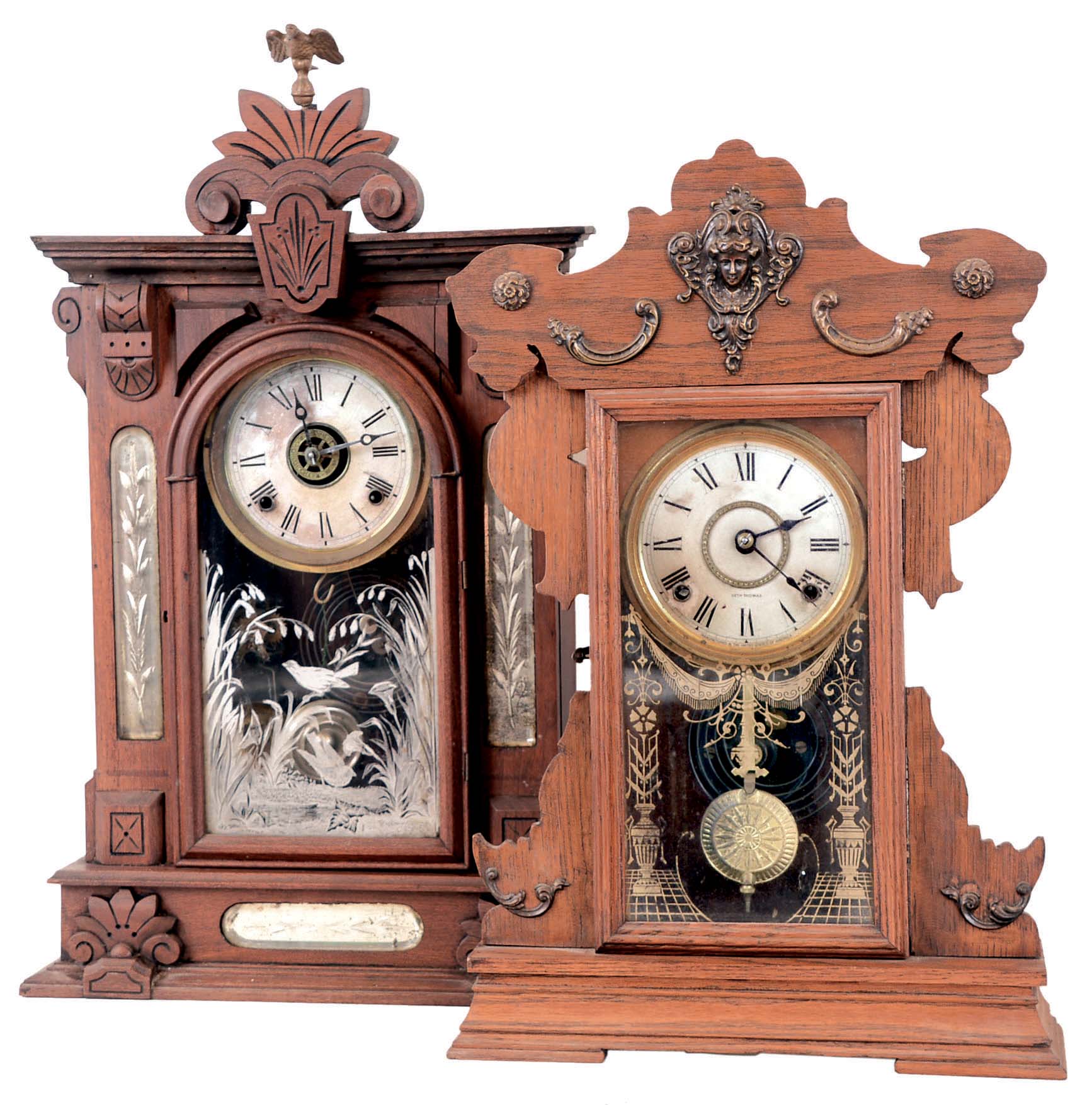 Clocks- 2 (Two): (1) William L. Gilbert Clock Co., Winsted, Conn., "Amphion", 8 days, time, strike and alarm spring brass movement shelf clock. c1885 (2) Seth Thomas Clock Co., Thomaston, Conn., "Metals No. 5", 8 days, time and strike spring brass movement shelf clock. c1900 — Antique Clocks Price Guide