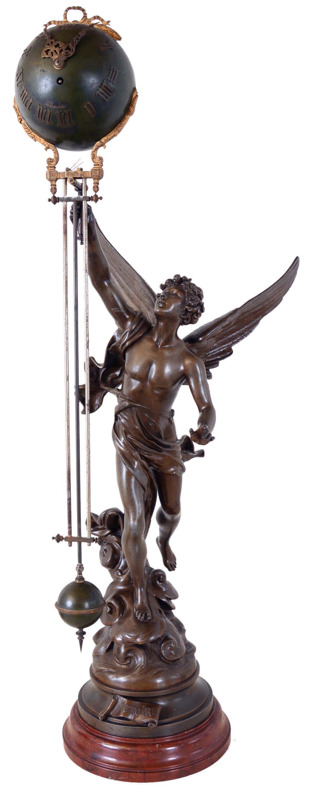 French, large swinger, mysterious clock, 8 days, time only, spring driven movement in extra long swinging arm measuring 35in mounted on a statue of "VICTOIRE" after the original by Bruchon, a winged male resting on red marble base. — Antique Clocks Price Guide