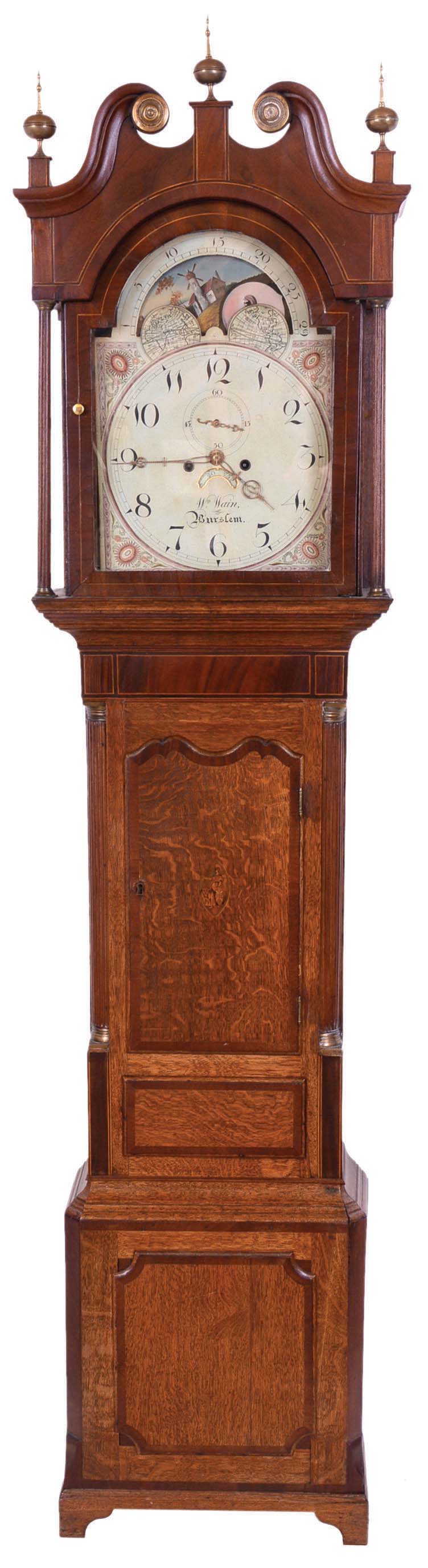 William Waite, Burslem, England, tall clock, 8 days, time and bell strike, weight driven movement in an oak case with mahogany veneer and string inlay accents with painted iron dial with moon phase, second's bit and calendar. — Antique Clocks Price Guide