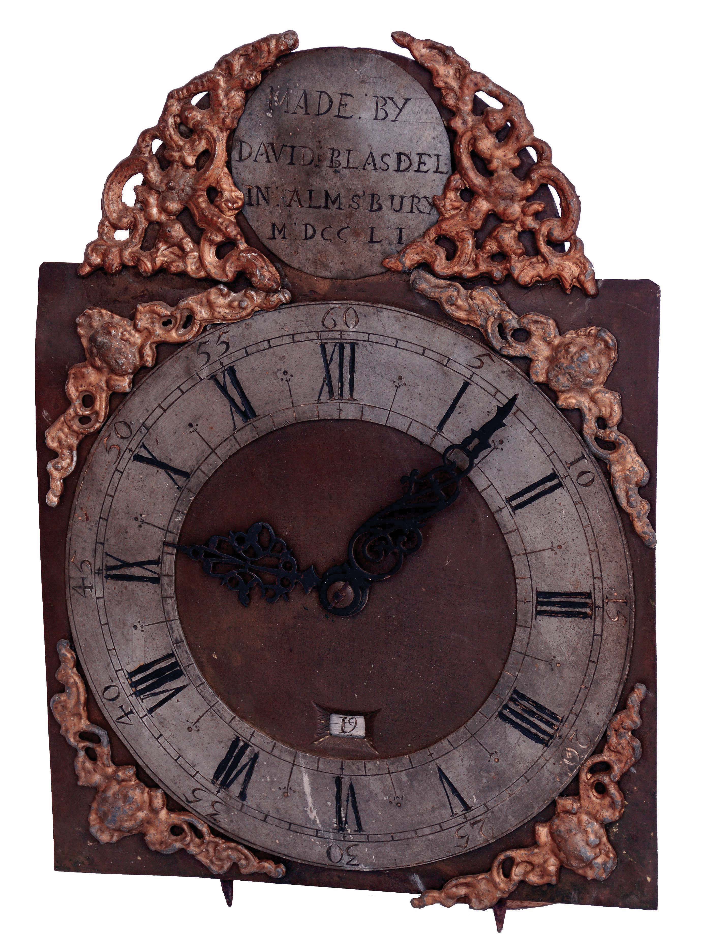 David Blasdel (sic) in Almsbury (sic-Amesbury) , Mass., American tall clock movement (only) , 30 hour, time, strike and date calendar, weight driven movement with cast iron frame on spiked feet and brass gears with brass dial, pewter chapter ring and name boss, dated MDCCLI (1751) — Antique Clocks Price Guide