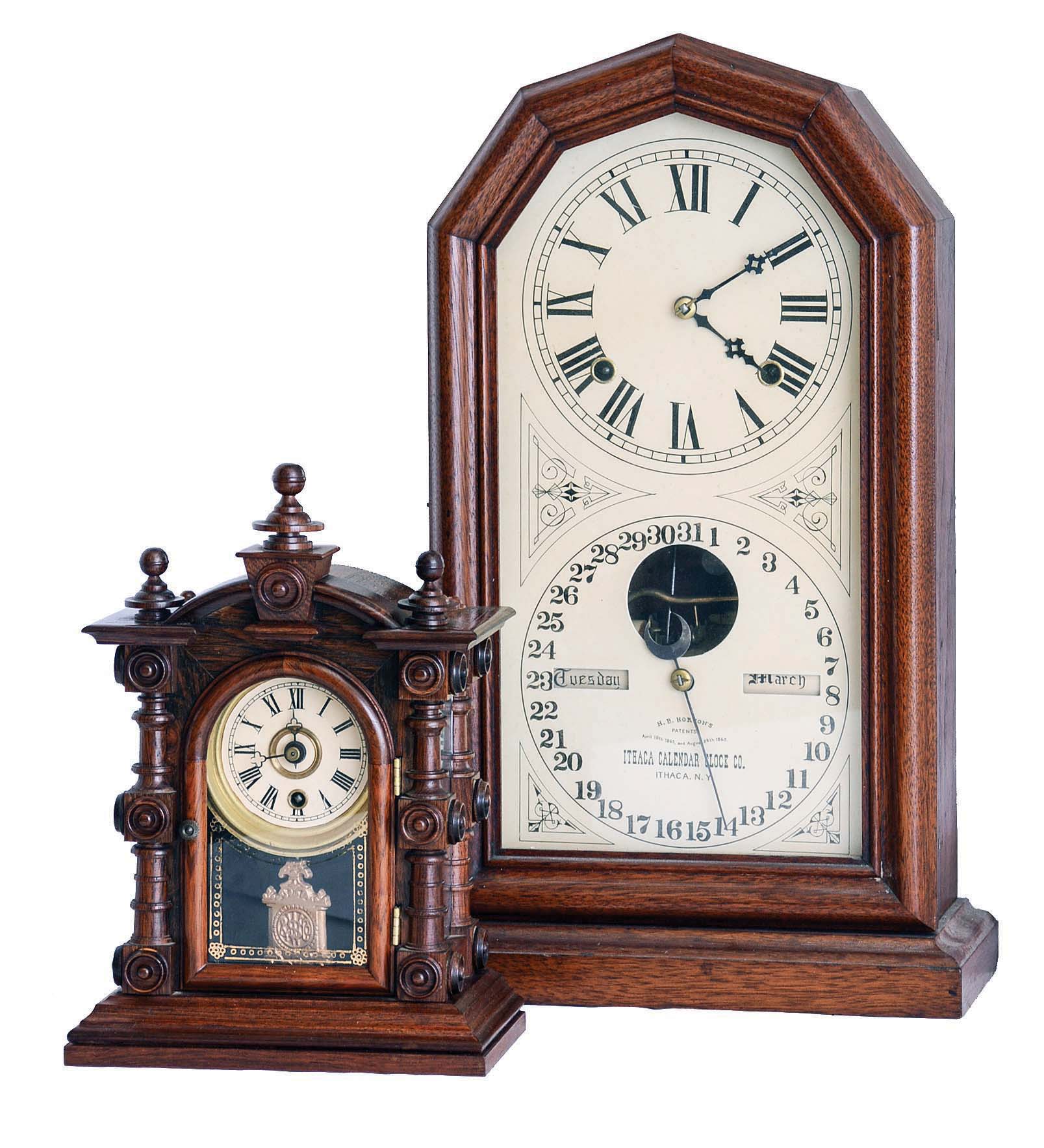 Clocks- 2 (Two): (1) Copy of a Welch, Spring & Co. "Baby Patti", 8 days?, spring brass movement timepiece. (2) Ithaca Calendar Clock Co., Ithaca, NY, "Octagon Poni", 8 days, time and strike spring brass movement double dial calendar shelf clock. c1885 — Antique Clocks Price Guide