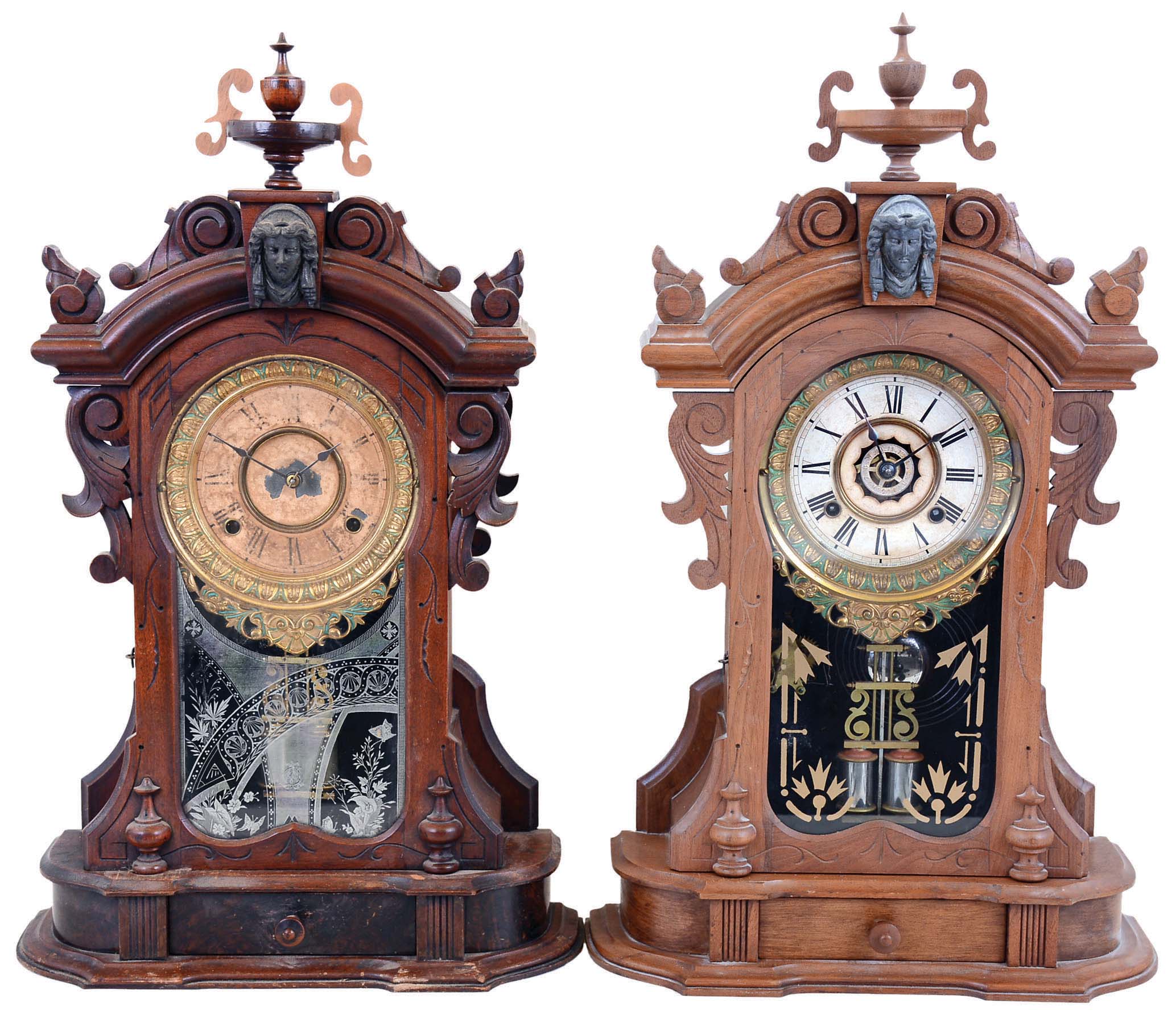 Clocks- 2 (Two) Ansonia Clock Co., New York, NY, "Monarch" walnut 8 day time and strike mantel clocks, one with alarm, c1880 — Antique Clocks Price Guide