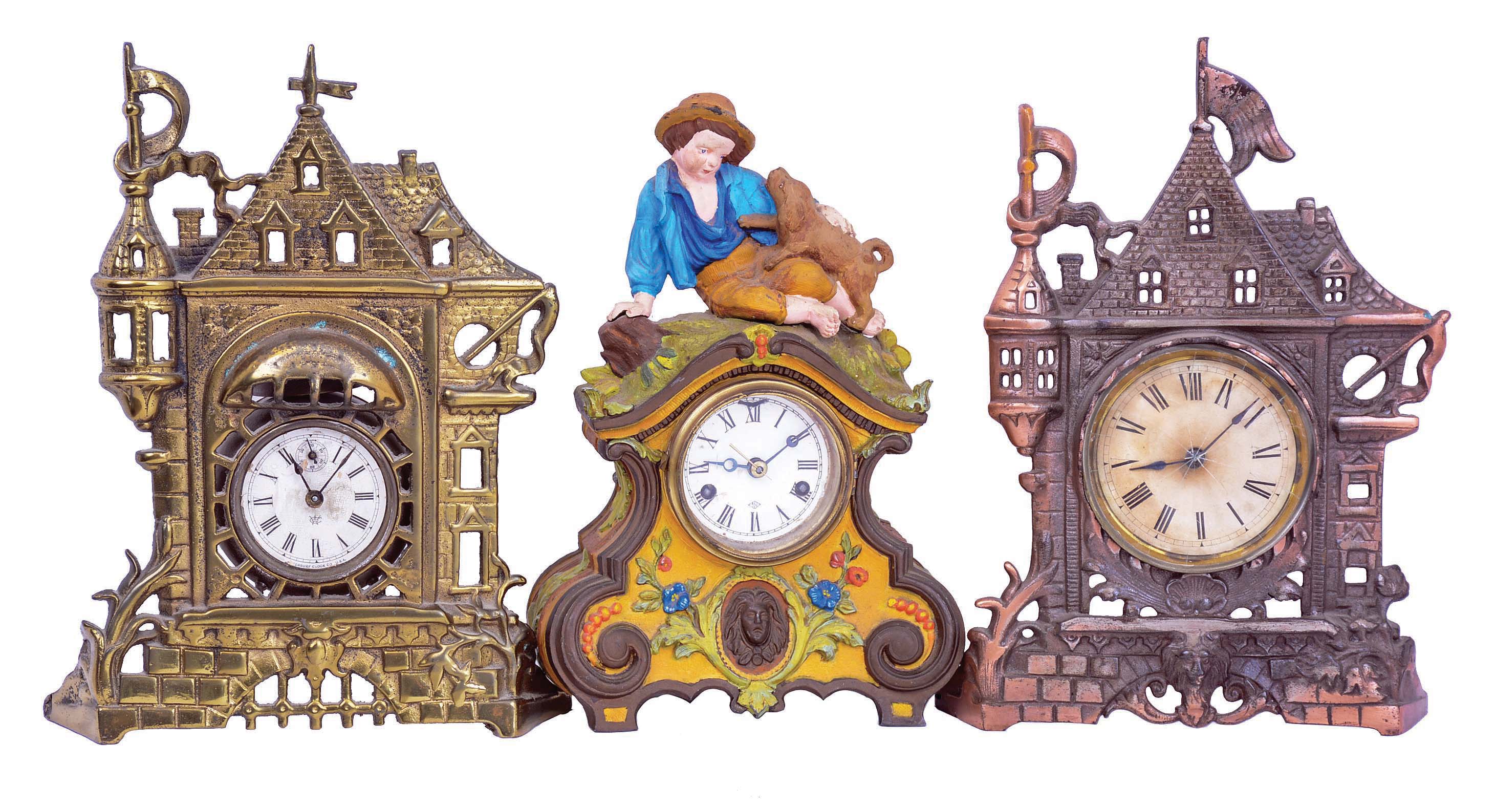Clocks- 5 (Five): (1) Waterbury Clock Co., Waterbury, Conn novelty alarm clock with a 1 days spring driven time and alarm movement in a cast metal case. c1890. (2) E. N. Welch, Forestville, Conn., unidentified novelty alarm clock with a 1 days spring driven time and alarm movement in a cast metal case. c1890. (3) Waterbury Clock Co., Waterbury, Conn novelty alarm clock with a 1 days spring driven time and alarm movement in a cast metal case. c1890. (4) New Haven Clock Co., New Haven, Conn., iron front shelf clock with an 8 days spring driven time and strike movement. c1855. (5) Iron front shelf clock with unsigned spring driven 8 days time, strike and alarm movement.. c1855. — Antique Clocks Price Guide