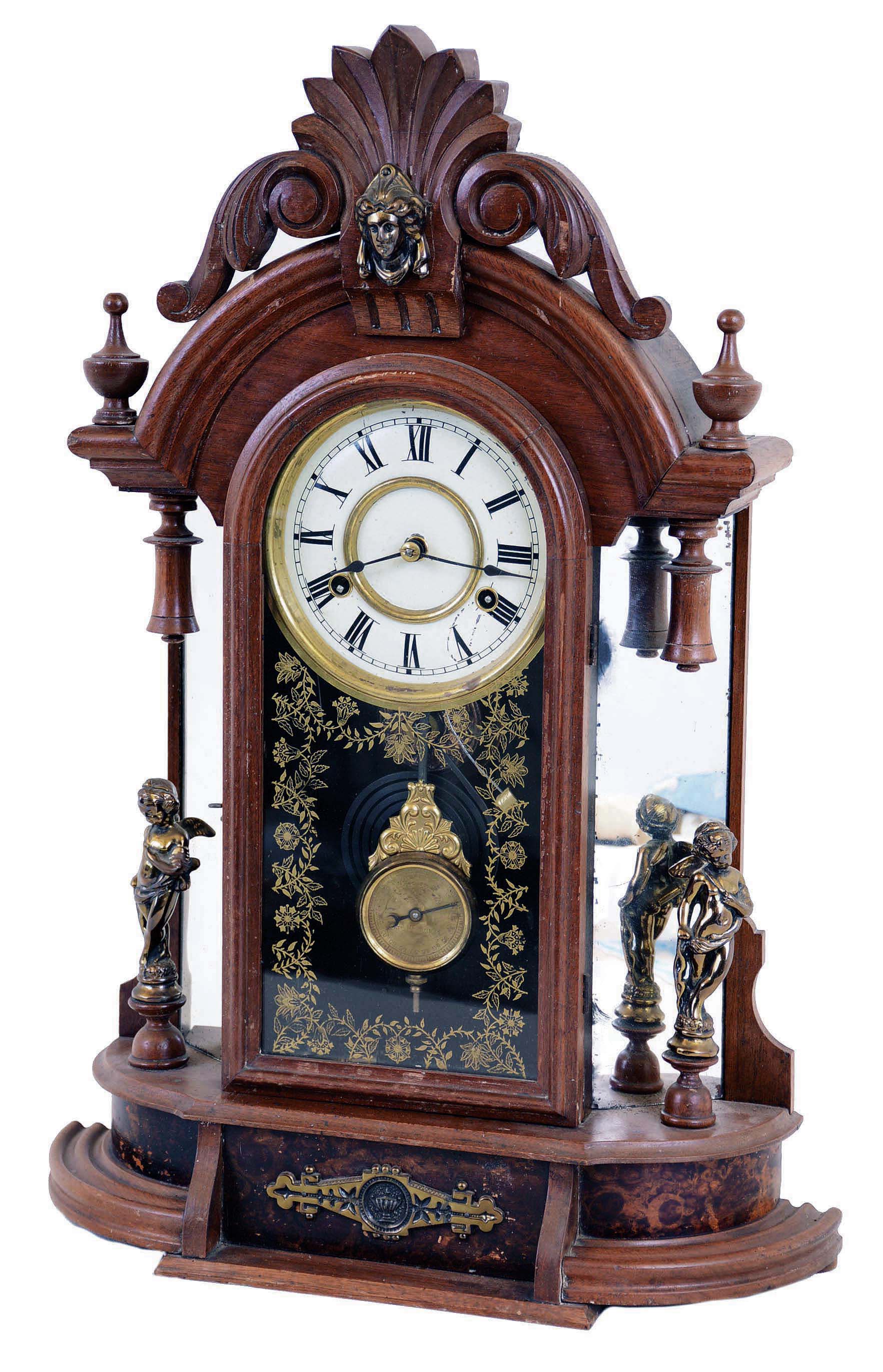 Clocks- 2 (Two) walnut 8 day time and strike parlor clocks: Ansonia Clock Co., New York, NY, "Monarch" with drawer; New Haven Clock Co., New Haven, Conn., "Occidental"; both c1890 — Antique Clocks Price Guide