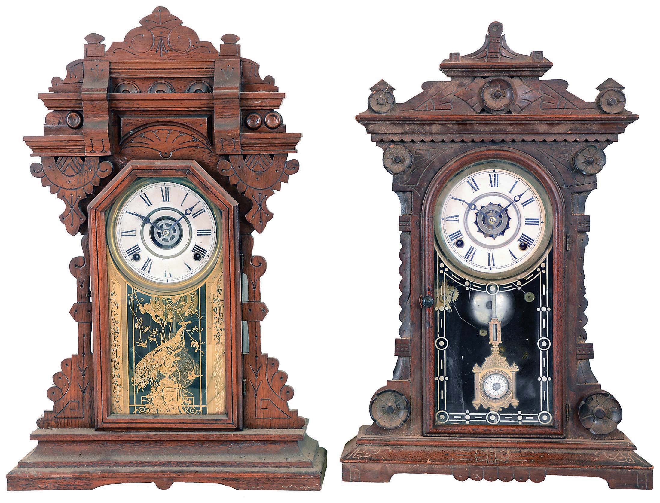 Clocks- 4 (Four): (1) Seth Thomas Clock Co., Thomaston, Conn "Yale" oak gingerbread clock with a spring driven 8 day time, strike and alarm movement, c1900. (2) E. N. Welch Mfg. Co., Bristol, Conn., walnut kitchen mantel clock with a spring driven 8 day time, strike and alarm movement. c1885. (3) E, Ingraham & Co., Bristol, Conn., walnut kitchen mantel clock with a spring driven 8 day time, strike and alarm movement. c1895. (4) William L. Gilbert Clock Co., Winsted, Conn., "Eros" shelf clock with a spring driven 8 day time and strike movement in an ash case with walnut trimmings c1885. — Antique Clocks Price Guide