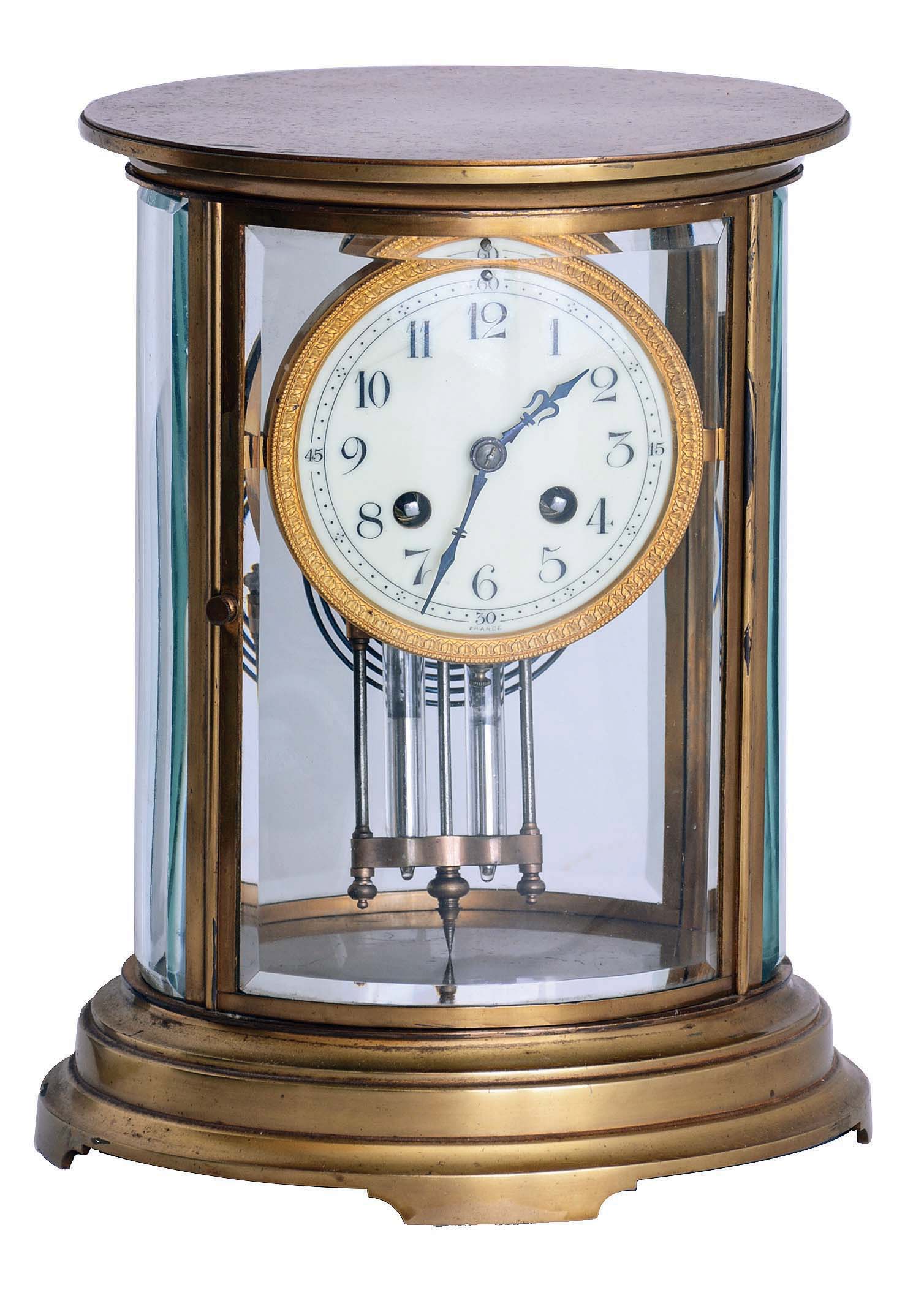 French, Marti & Cie, 8 day, time and strike spring brass movement oval case crystal regulator. — Antique Clocks Price Guide