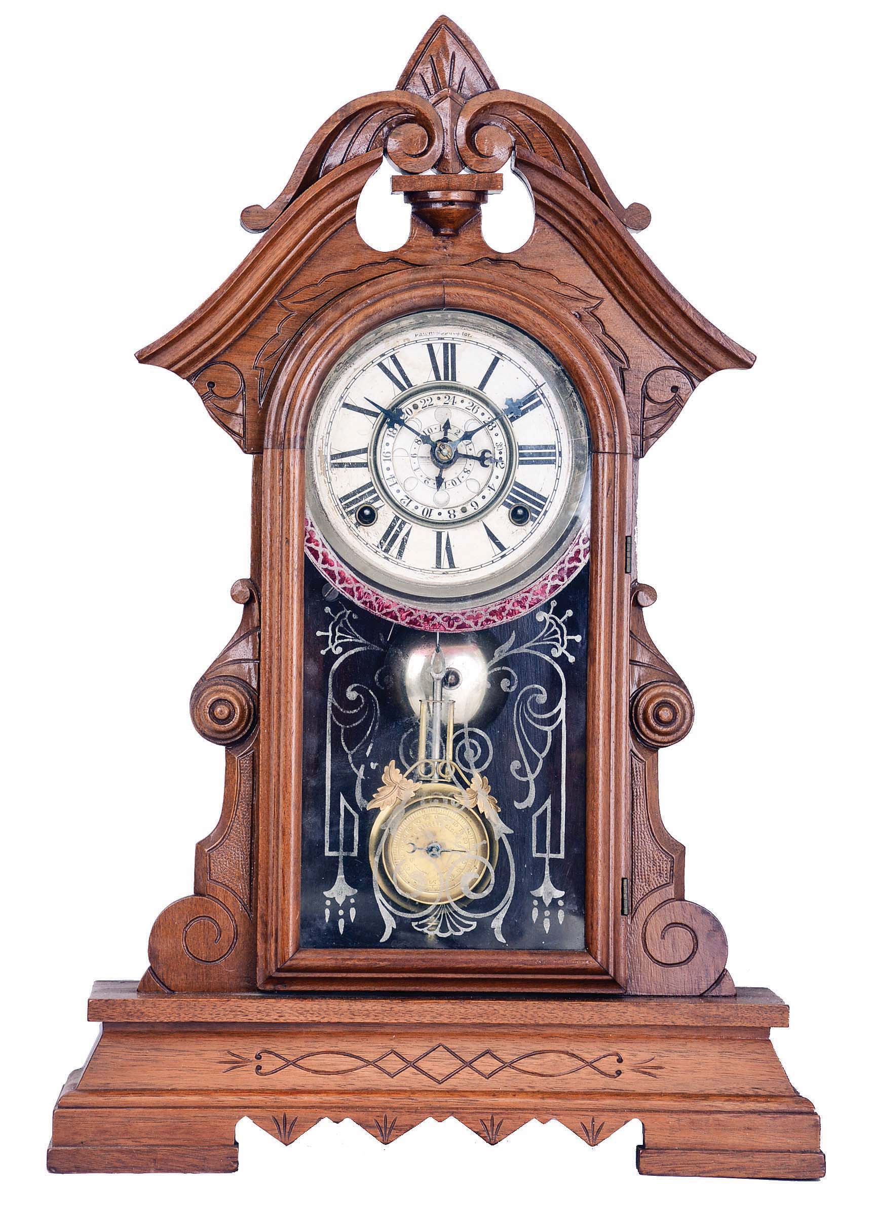 William L. Gilbert Clock Co., Winsted, Conn., "Lapwing", 8 day, time and strike spring brass movement with Professor Hayden's Lunar Calendar dial shelf clock, c1881. — Antique Clocks Price Guide