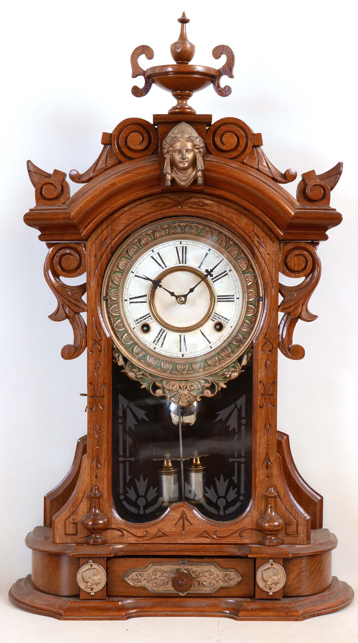 Ansonia Clock Co., New York, NY, "Monarch" shelf clock with an 8 day spring driven brass time & strike movement in a walnut case, c1890. — Antique Clocks Price Guide