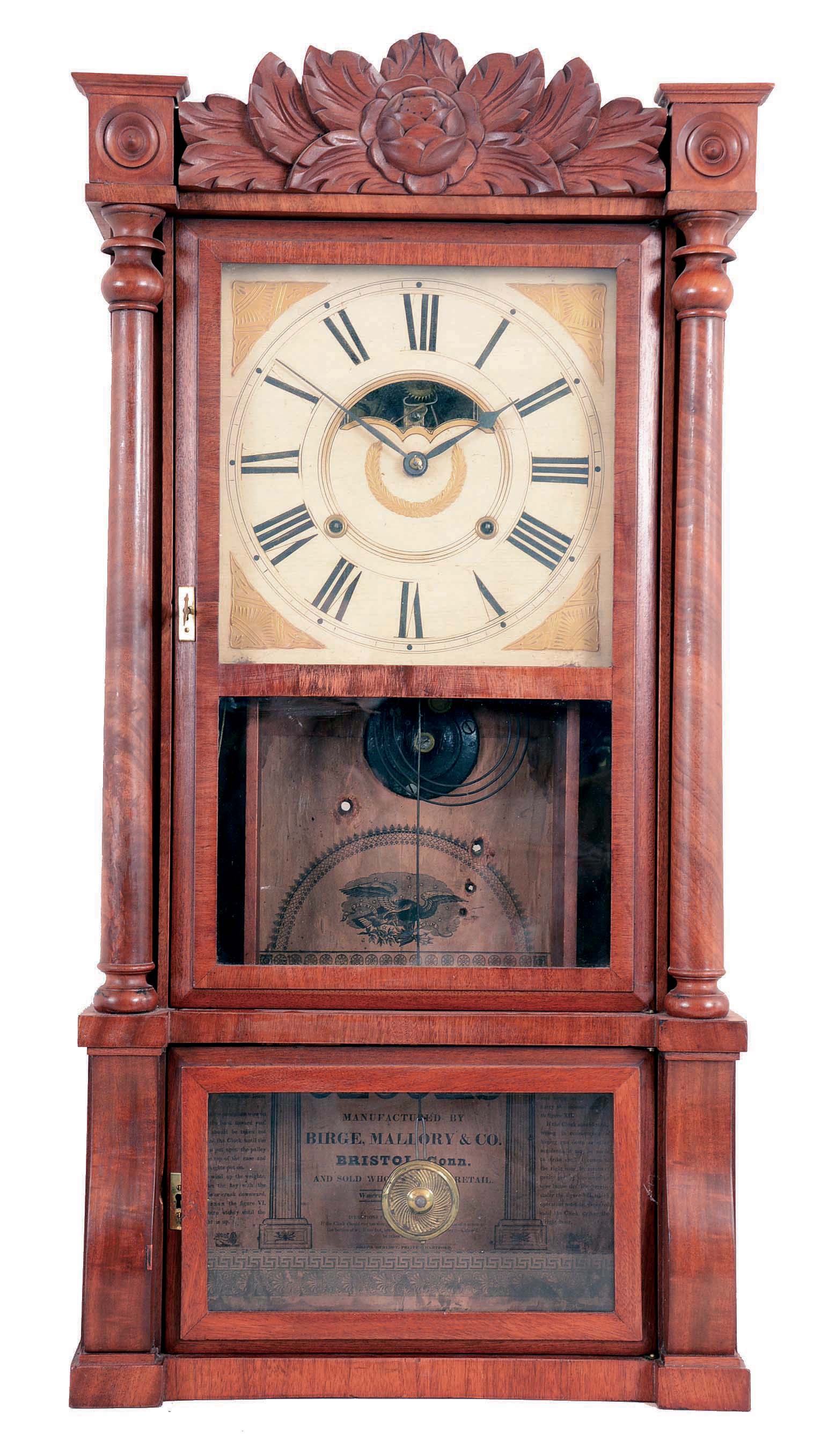 Birge, Mallory & Co., Bristol, Conn., Empire-style full column and carved splat shelf clock with weight driven 8 day time and strike movement in a mahogany case, c1840, — Antique Clocks Price Guide