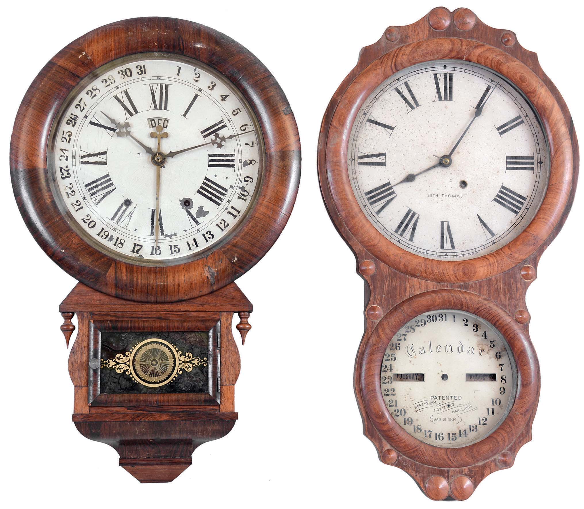 Clocks- 2 (Two) Calendar 8 day time and strike in rosewood veneer cases: Ansonia Brass & Copper "Drop Extra Calendar"; Seth Thomas Clock Co., Thomaston, Conn., "Office Calendar No. 4"; c1875 — Antique Clocks Price Guide