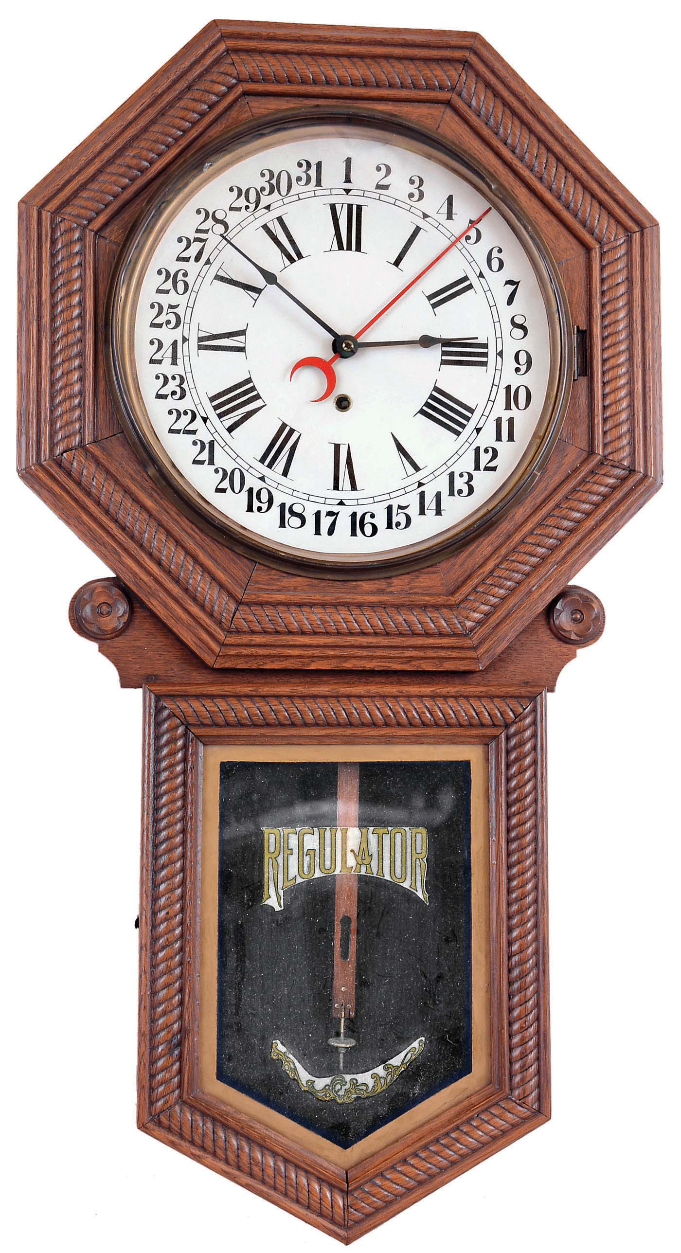Clocks- 6 (Six) Wall Hanging, 8 days: (1) Plymouth, Thomaston, Conn., time and strike banjo, c1935; (1) American Clock Company, New York, (attribution) Victorian wall clock with E.N. Welch time and strike movement in walnut case, c1875; (3) Unsigned (probably Ansonia) figure "8" time, strike and calendar in grained case, c1900; (4) E. Ingraham Co. for the American Wringer Co., New York "Eclipse" time, strike and calendar oak, c1910; (5) Seth Thomas Clock Co., Thomaston, Conn., "Office No. 2" wall hanging clock with a spring driven 8 days timepiece movement in a walnut case. c1875; (6) Anglo American wall hanging clock with a spring driven 8 days timepiece movement by the Seth Thomas Clock Co. c1880. — Antique Clocks Price Guide
