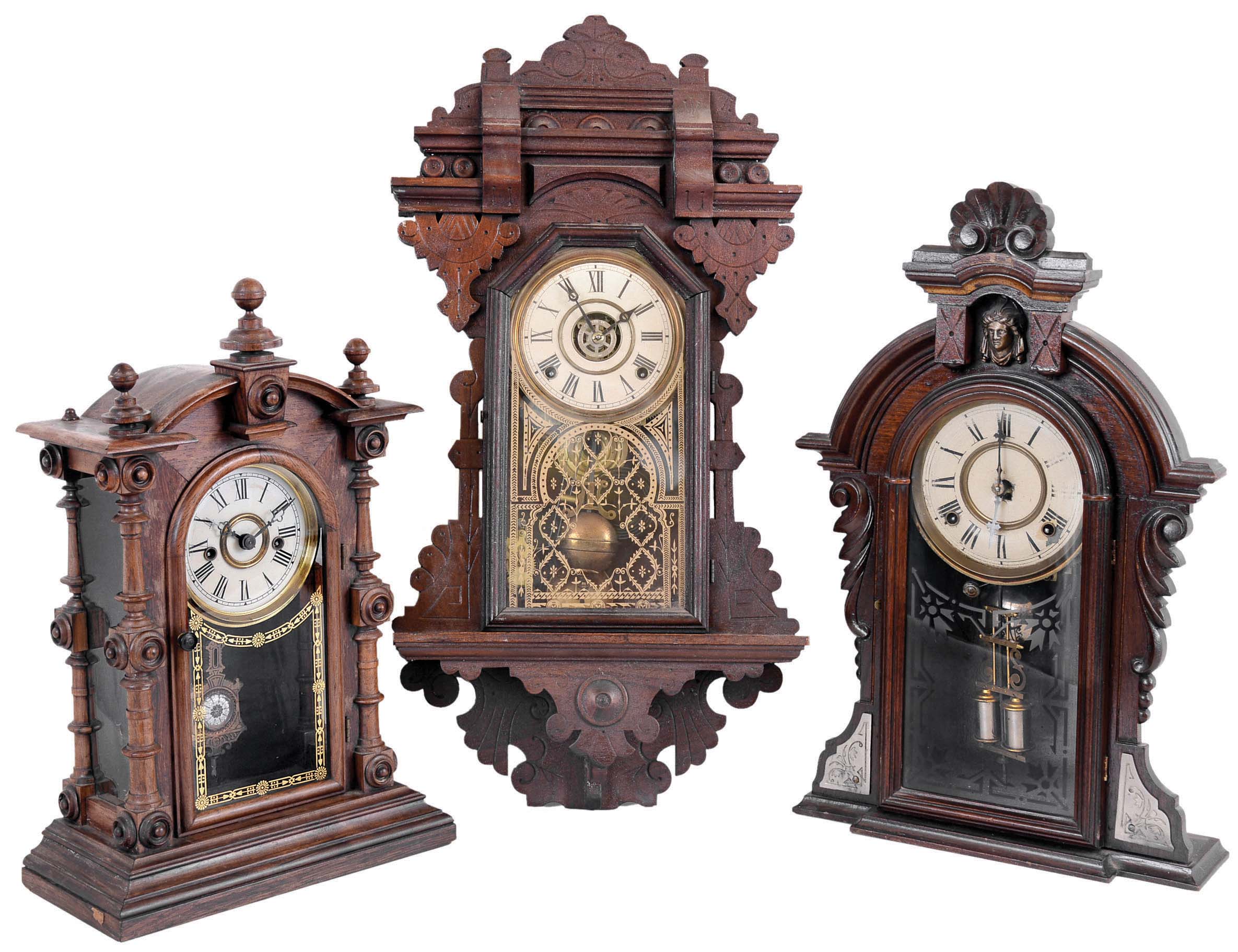 Clocks- 3 (Three) Connecticut 8 day time and strike: Welch, Spring & Co., rosewood "Patti, V.P.", c1880; F. Kroeber Clock Co. "Virgil", c1880; E. Ingraham Co. for Charles F. Adams, Erie, PA walnut hanging gingerbread, c1900. — Antique Clocks Price Guide