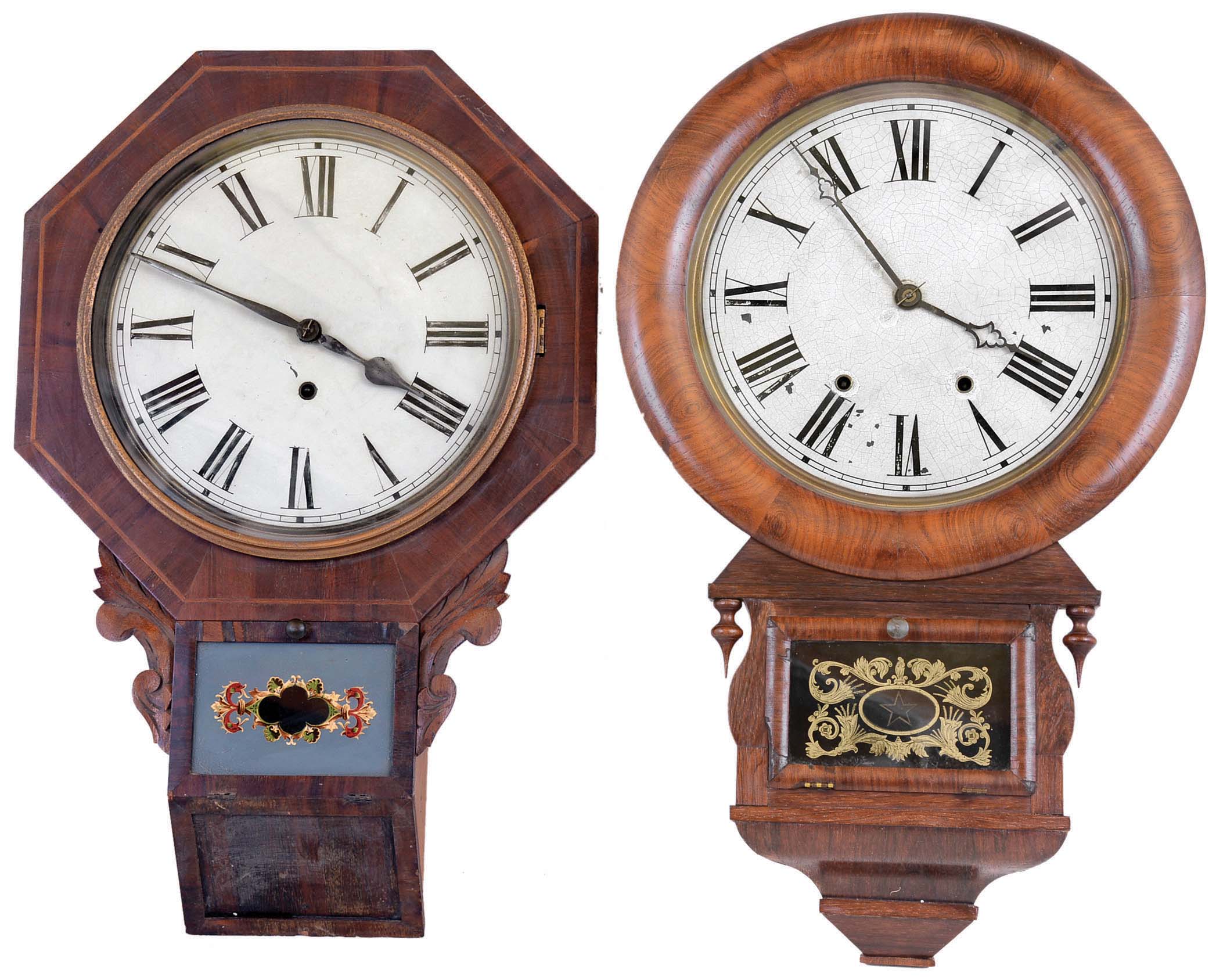 Clocks- 2 (Two) Wall Connecticut 8 day rosewood hanging: Ansonia Brass & Copper Co., Ansonia, Conn., "Drop Extra" time and strike, c1874; E.N. Welch "Drop Octagon" time only, c1869 — Antique Clocks Price Guide