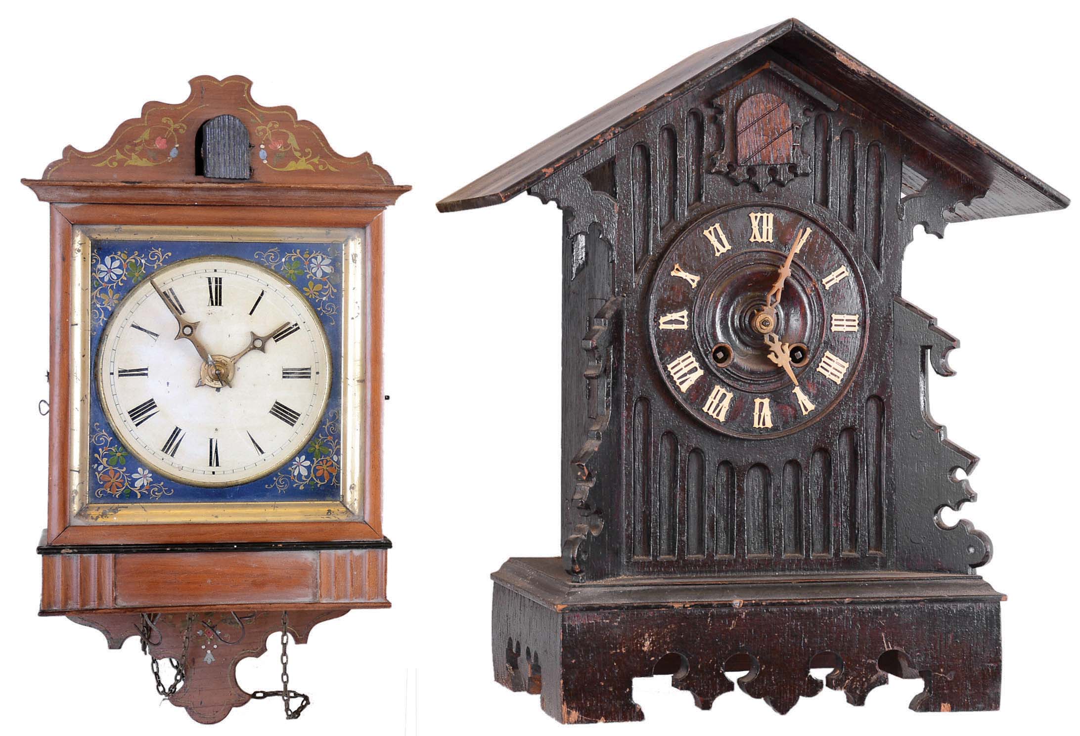 Clocks- 2 (Two) Cuckoo Black Forest German 30 hour: hanging weight driven model nearly identical to rare Biedermeier #4 shown on Justin Miller book page 36, likely by Ketterer, c1860; shelf model spring driven by Gordian Hettich Sohn (GHS) , c, 1900 — Antique Clocks Price Guide