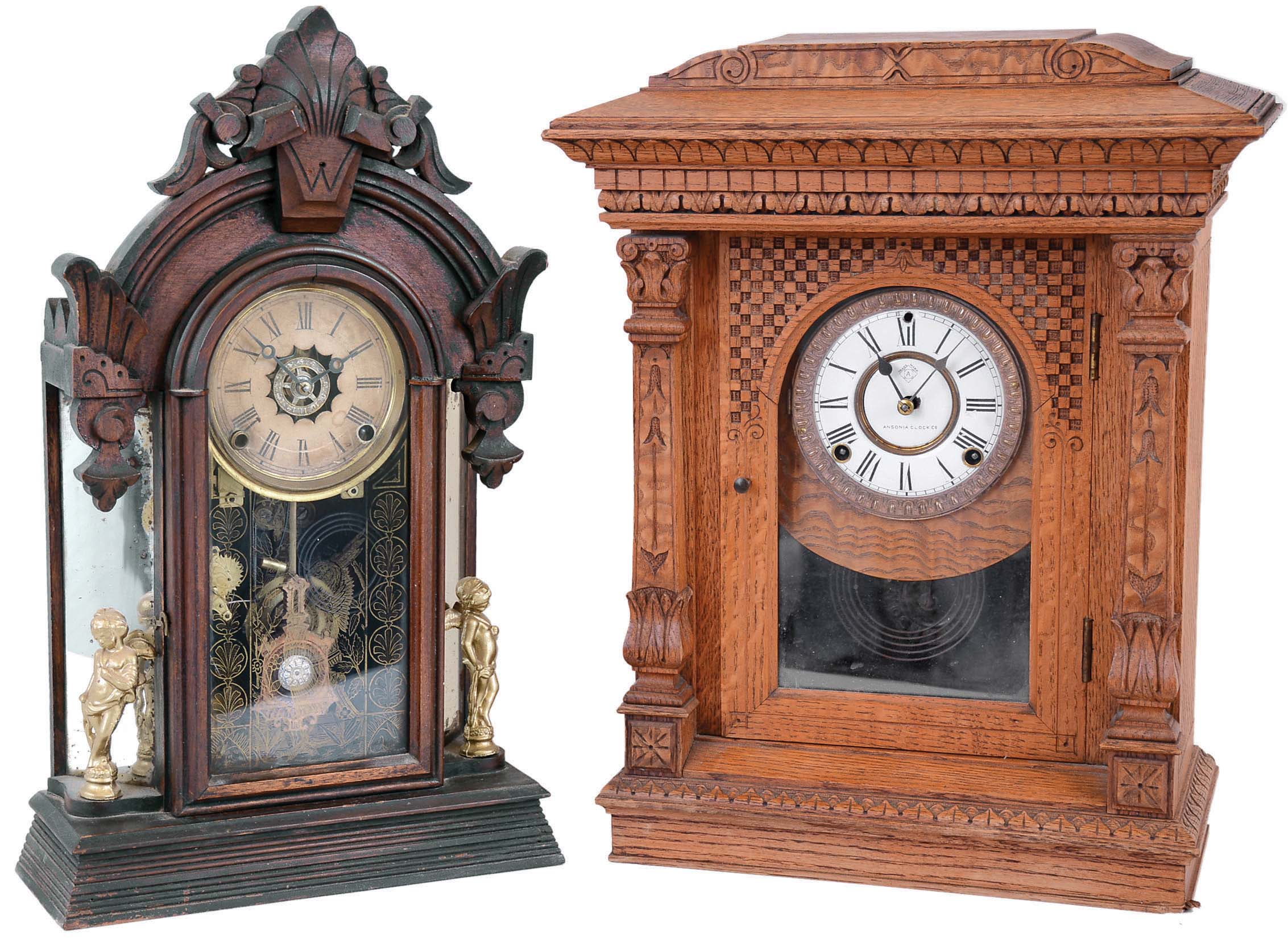 Clocks- 2 (Two) Ansonia wood case 8 day time and strike shelf: "Windsor" walnut mirror-side with alarm; large carved oak cabinet; c1890 — Antique Clocks Price Guide